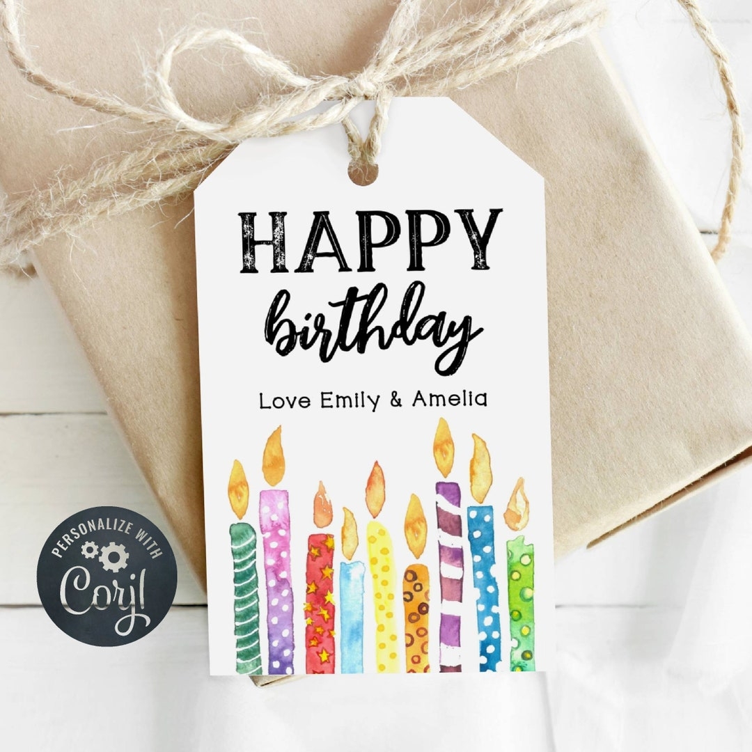 Printable Happy Birthday Gift Tag Template Watercolor Candles Favor Tag Editable Rainbow Birthday Tags Instant Download Etsy