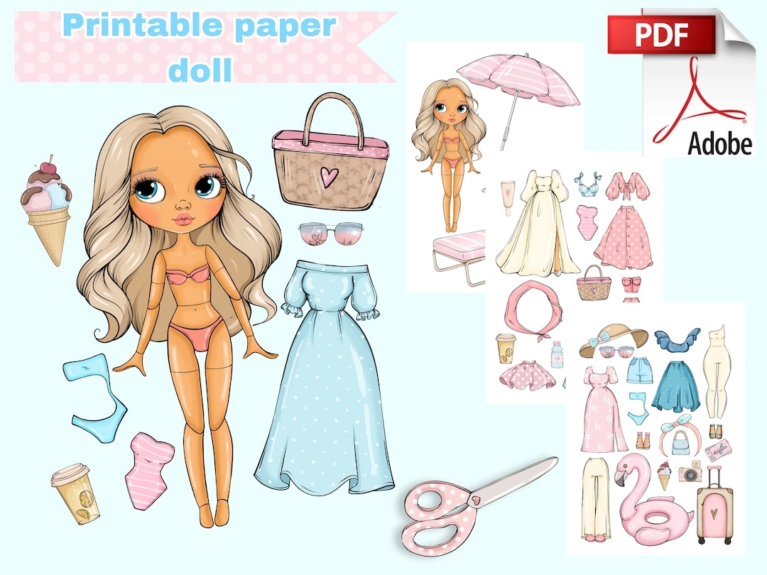 Printable Paper Doll Summer Blythe With Clothes Digital PDF Girly Busy Book Activity Dress Up Cut Out Doll Fashion Girl Template DIY Etsy