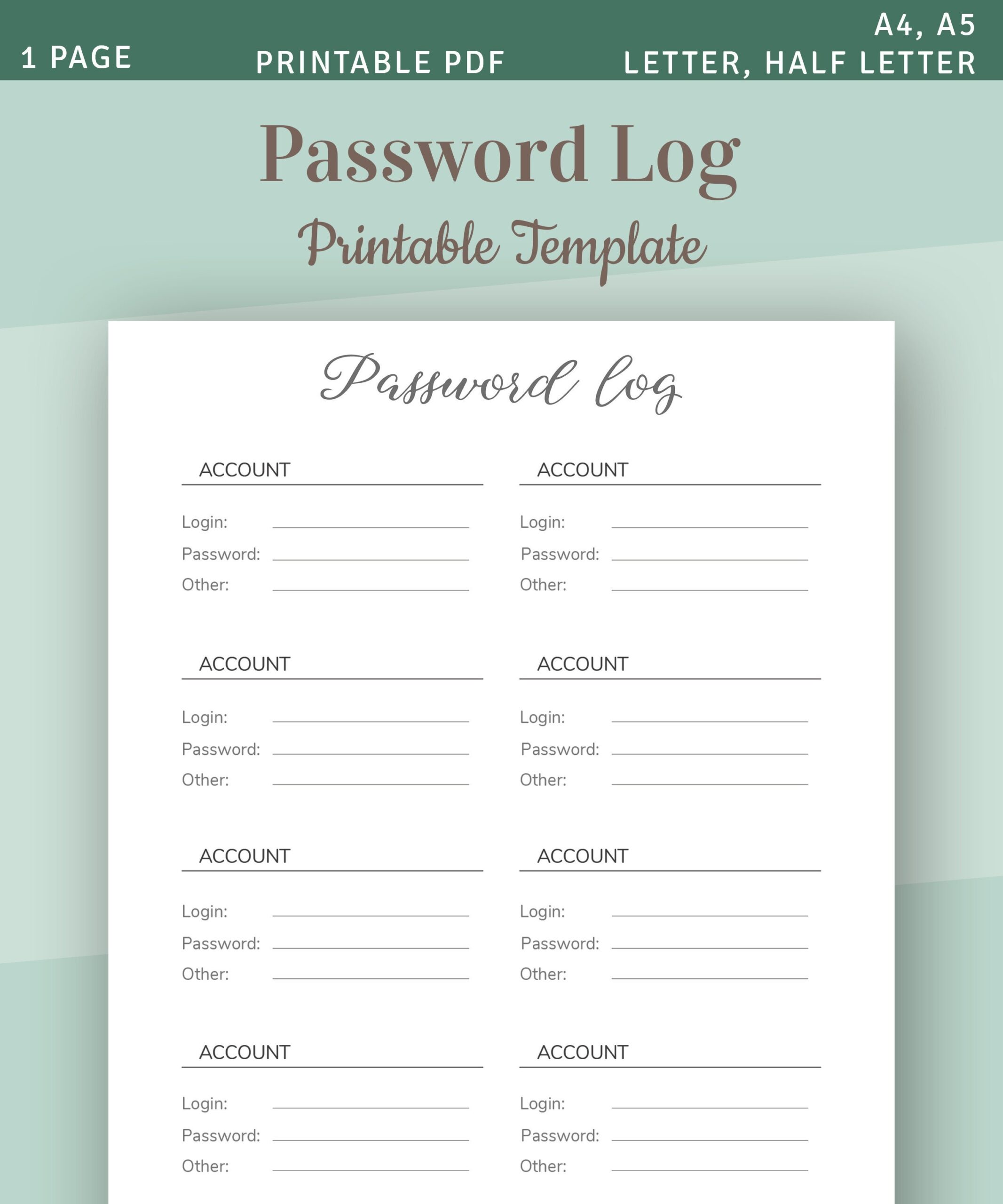 Printable Password Keeper Template Password Tracker Page Password Log Insert Password List Downloadable PDF Etsy