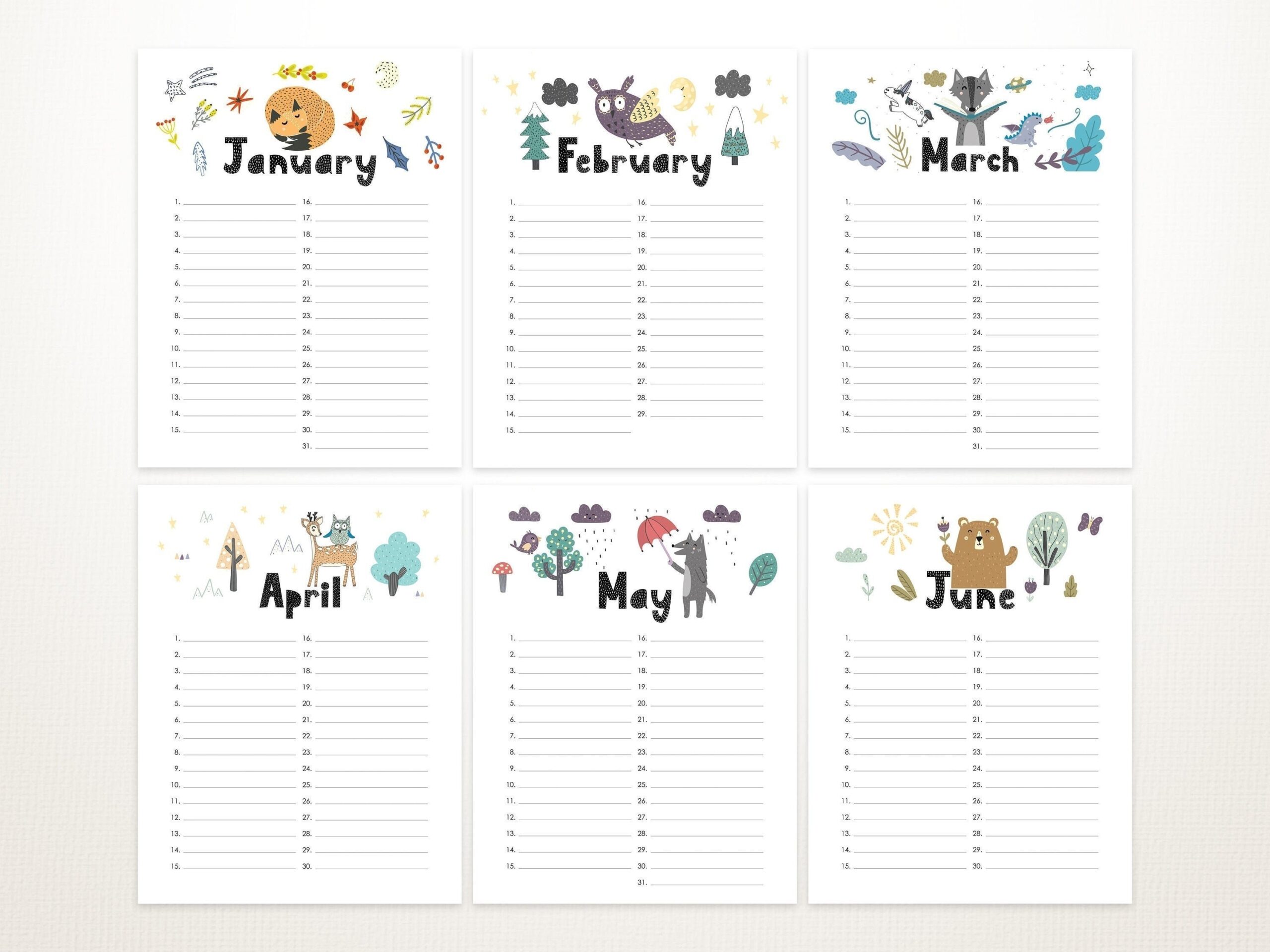 Printable Perpetual Birthday Calendar Forest Theme Perpetual 