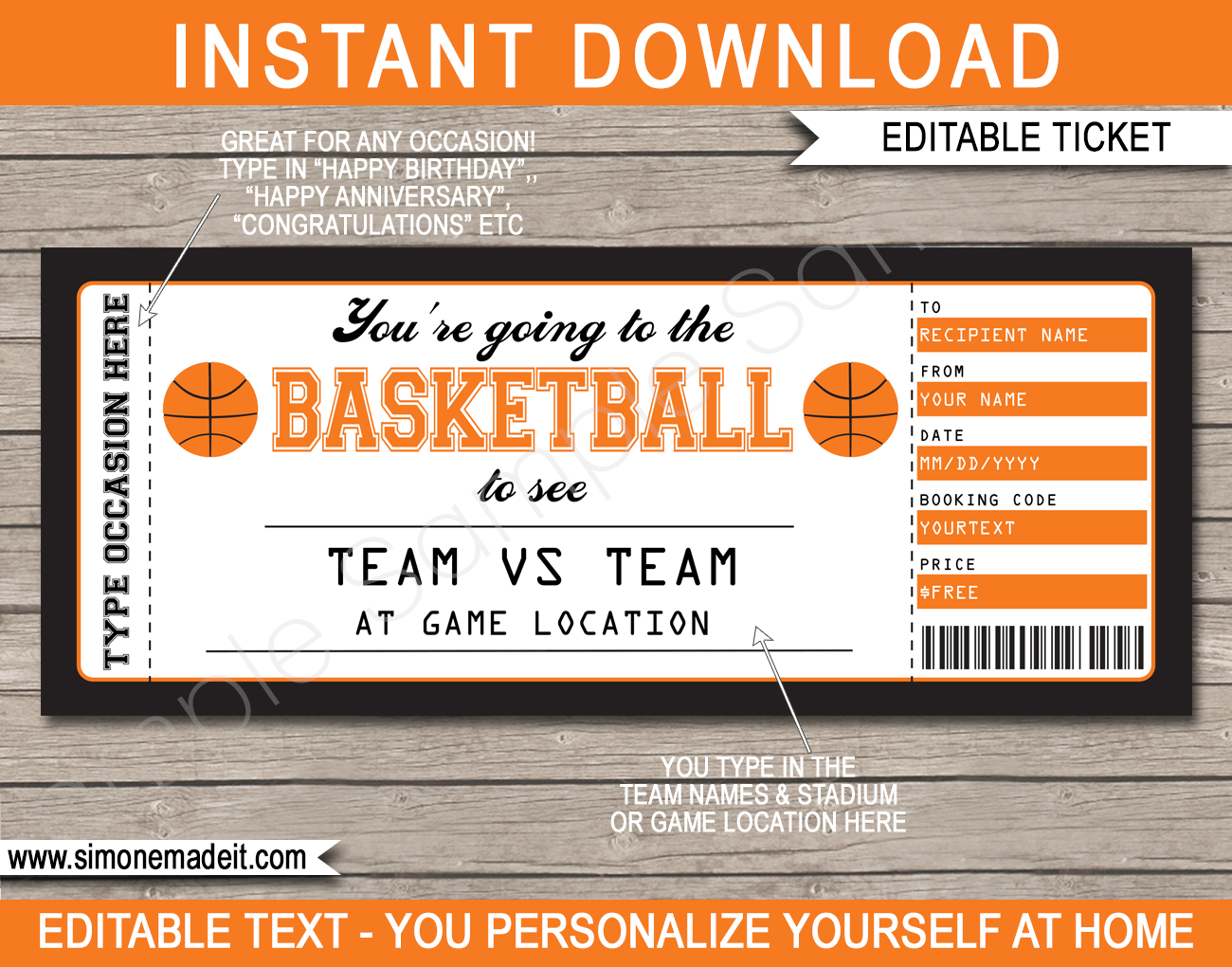 Printable Surprise Basketball Game Tickets Gift Voucher Template