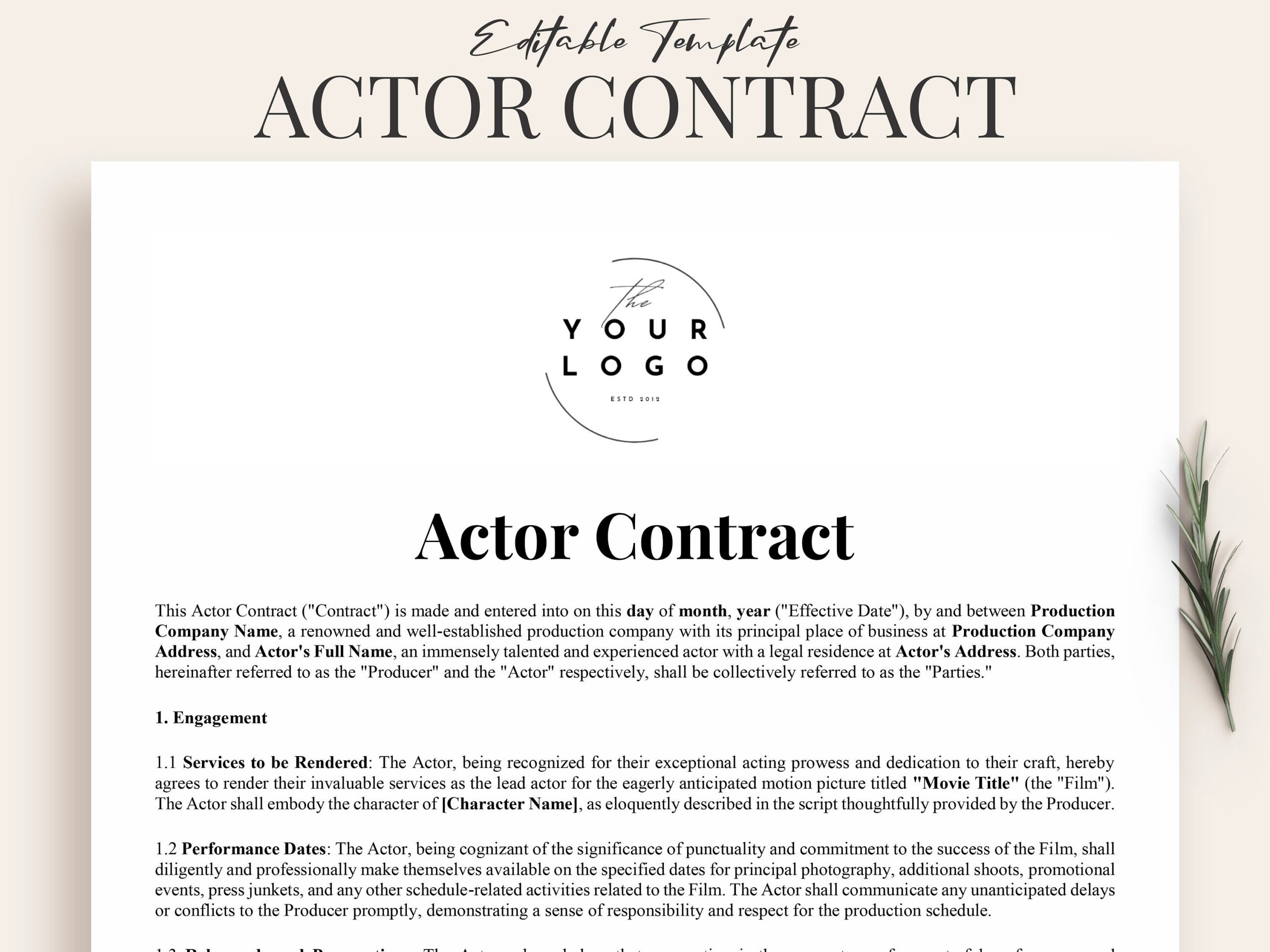 Professional Actor Contract Template Film Production Agreement 