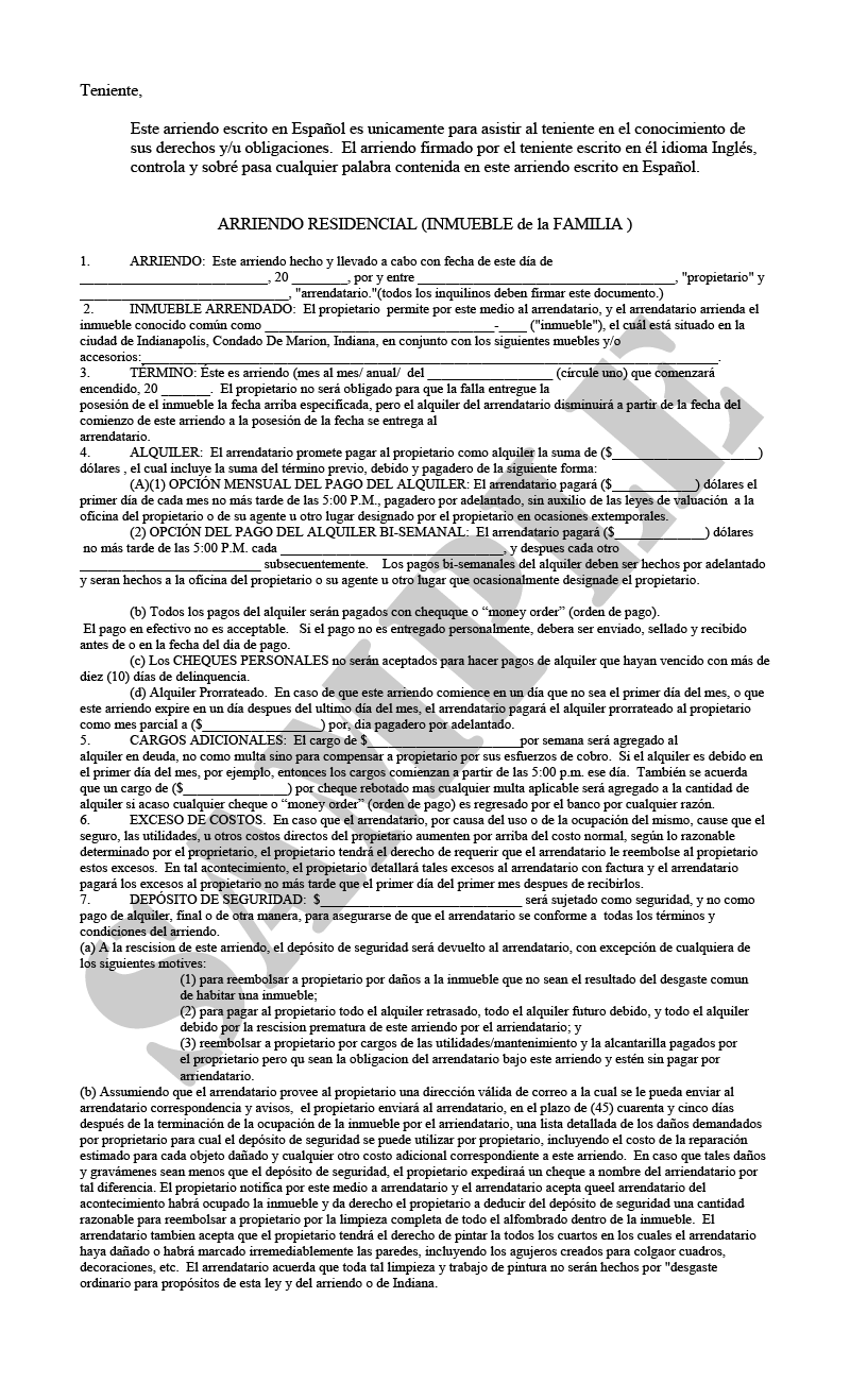 Residential Lease Agreement Spanish Indiana Legal Forms Worksheets Library