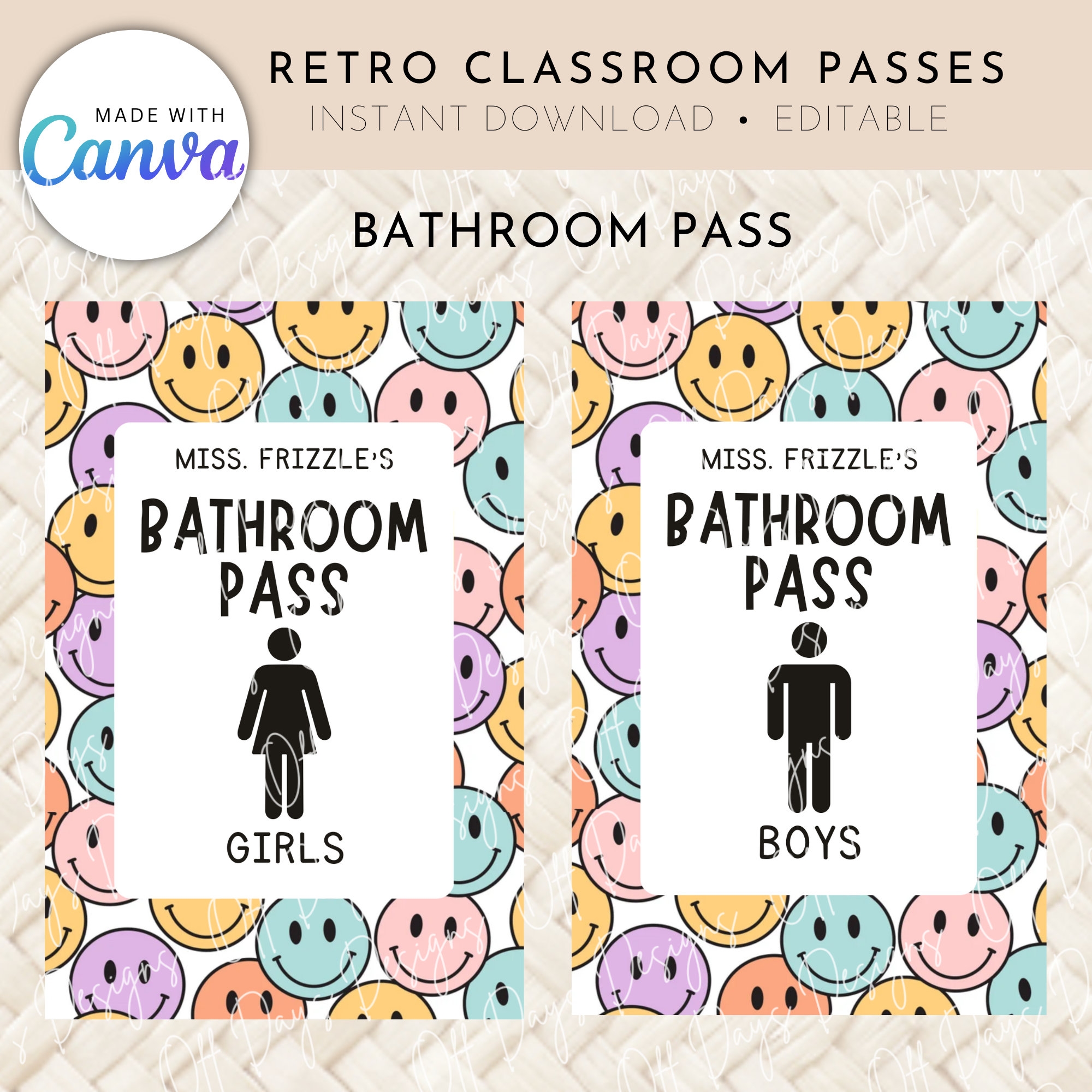 Retro Theme Classroom Bathroom hall Passes For Teachers Canva Editable Template DIGITAL Customizable Printable Etsy UK