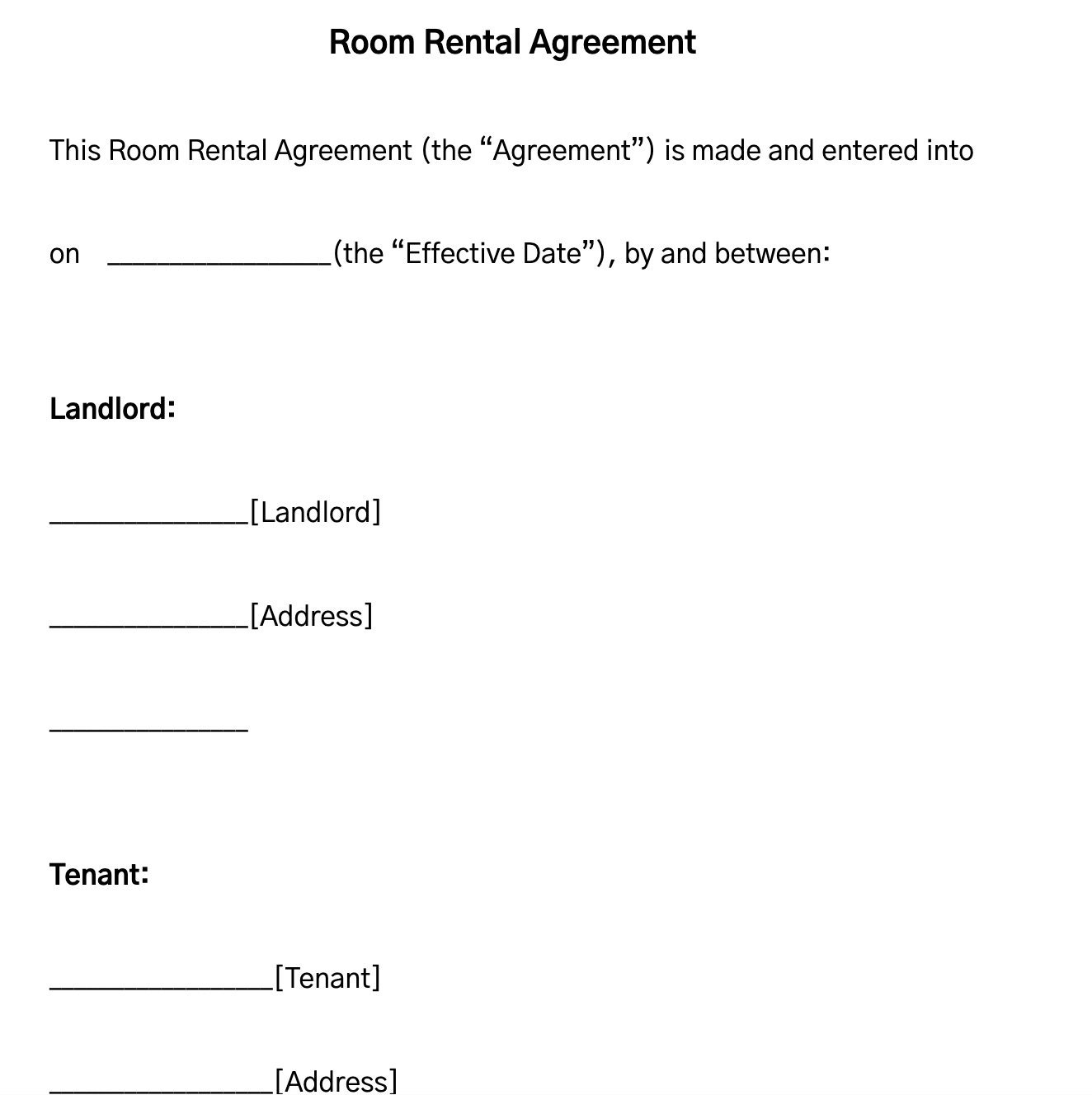 Room Rental Agreement Template Free Printable