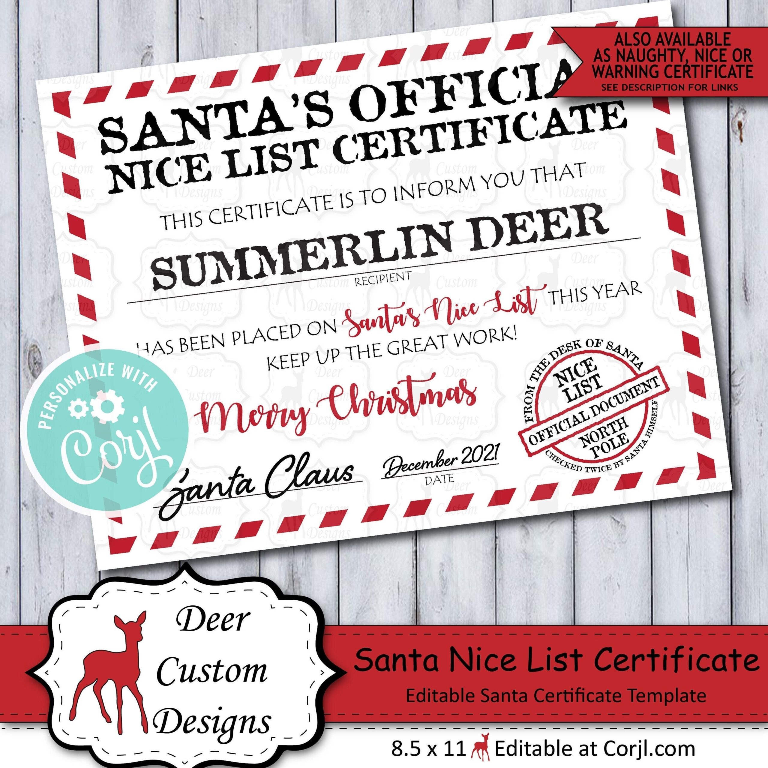 Santa Claus Official Nice List Certificate Personalized Santa 