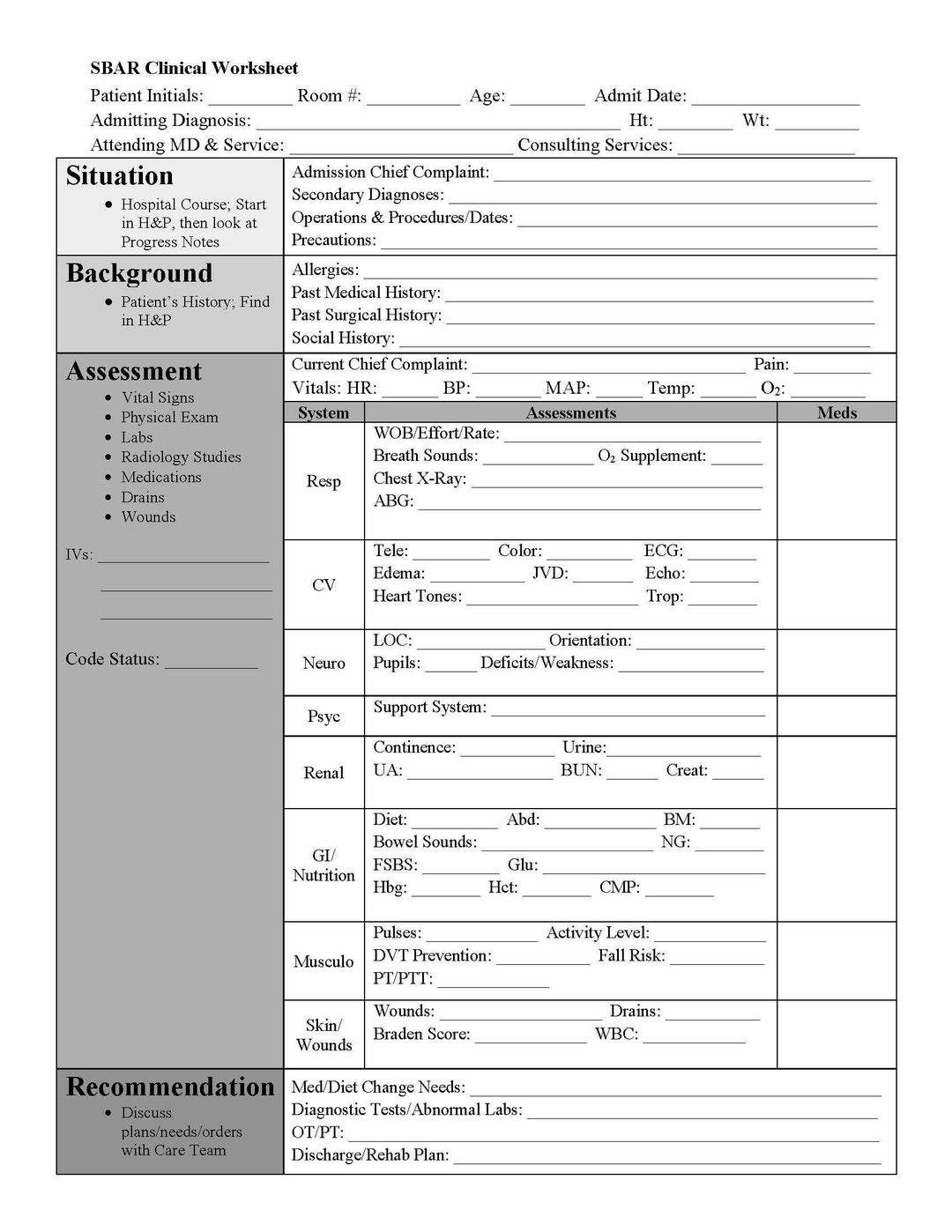 SBAR Nursing Worksheet Printable Template Hourly Rounding Nurse Brain ICU Med Surg Student Nurse Care Plan Patient Assessment Etsy