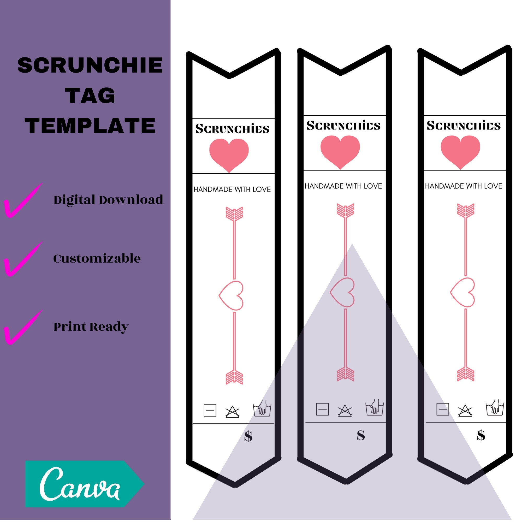 Scrunchie Love Heart Tag Template Printable Canva Editable Template Etsy
