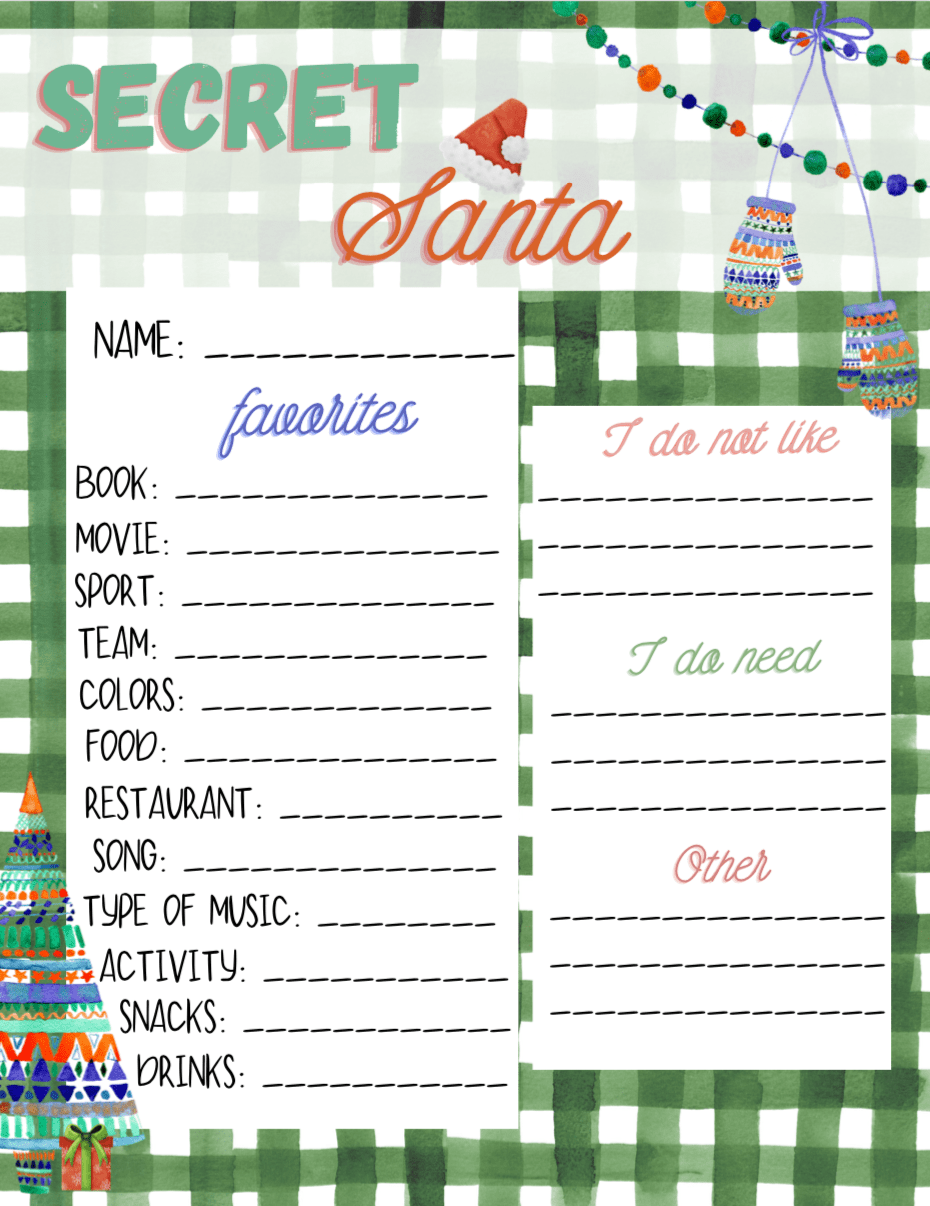 Secret Santa Sheet Printable Free Printable Party Favors