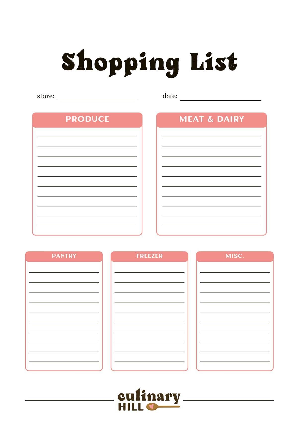 Free Grocery List Printable Template