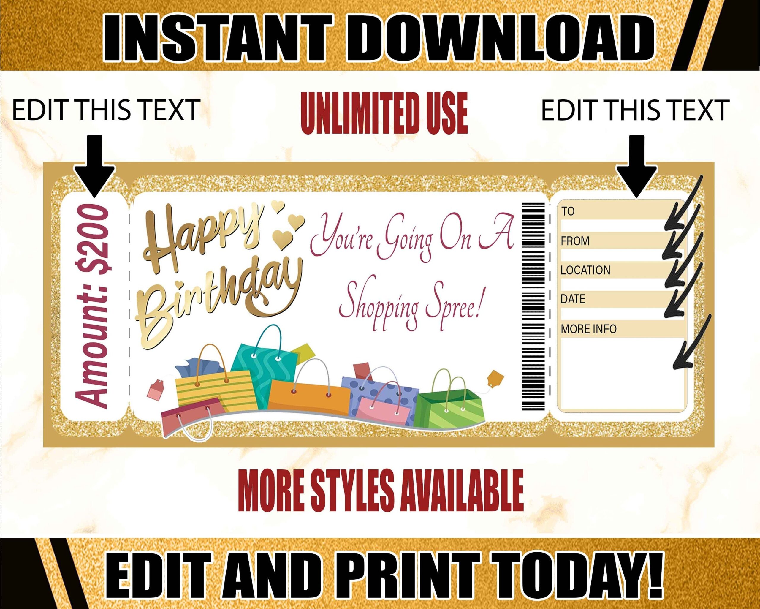 Shopping Spree Gift Voucher Ticket Birthday Printable Certificate Editable Gift Certificate Printable Tickets Shopping Spree Etsy