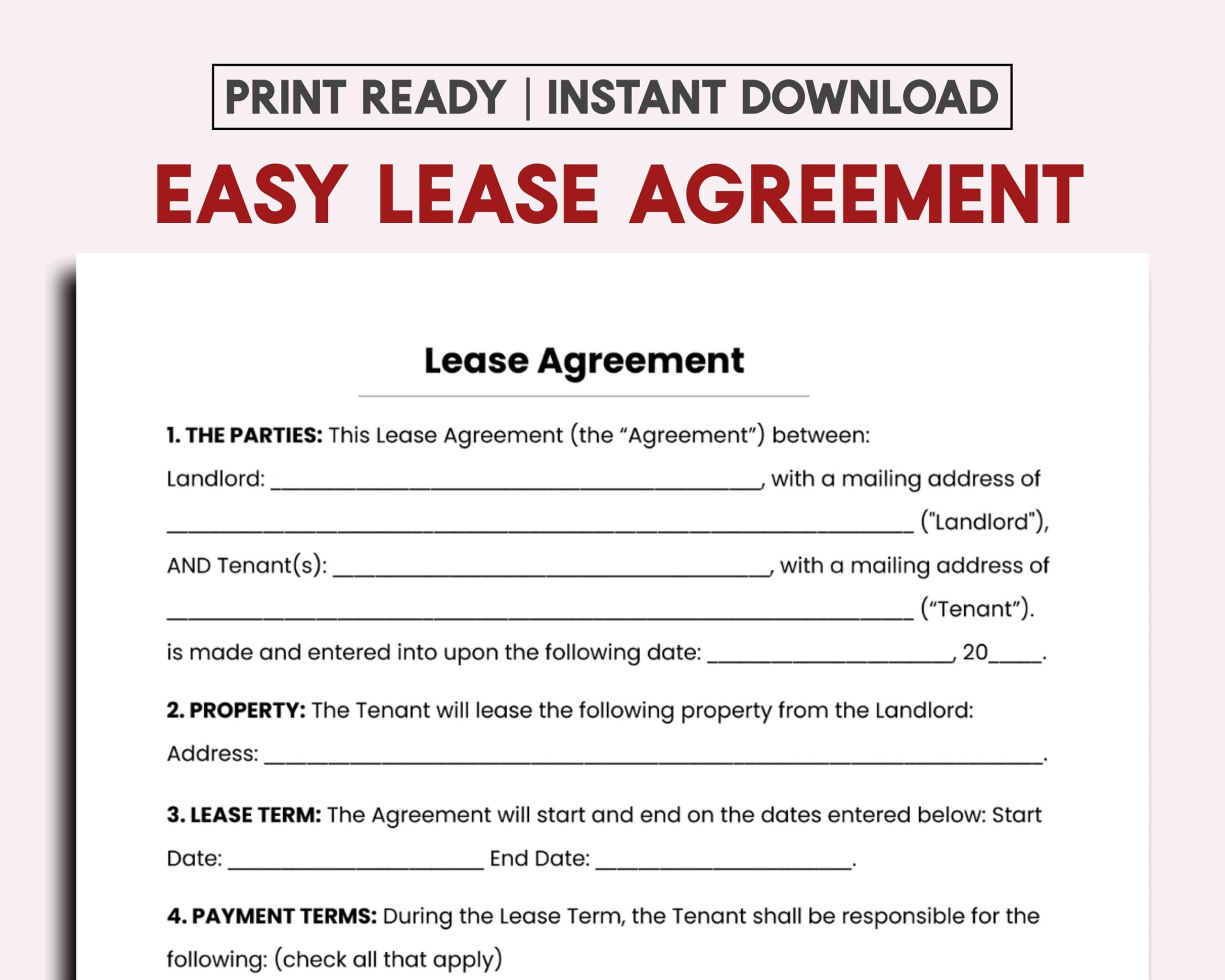 Simple One Page Lease Agreement Etsy Worksheets Library