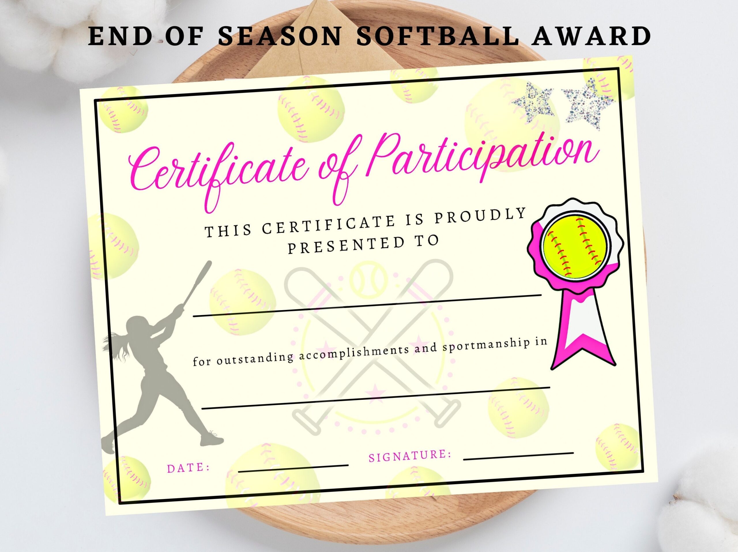 Softball Certificate Instant Download Team Participation Award Softball Printable Softball Achievement End Of Season Team Party Etsy