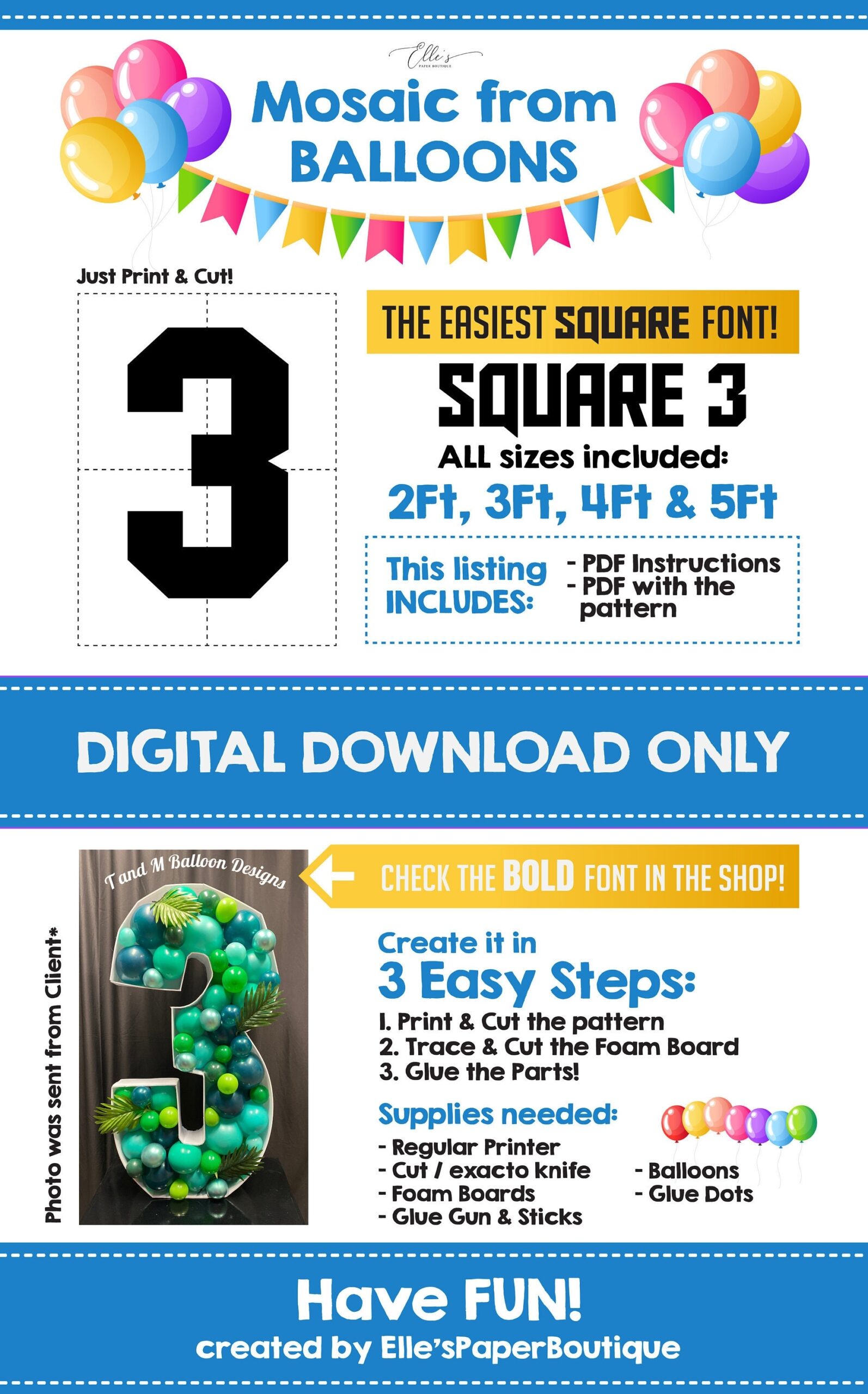 SQUARE Number 3 Balloon Mosaic Template Three Mosaic Number 