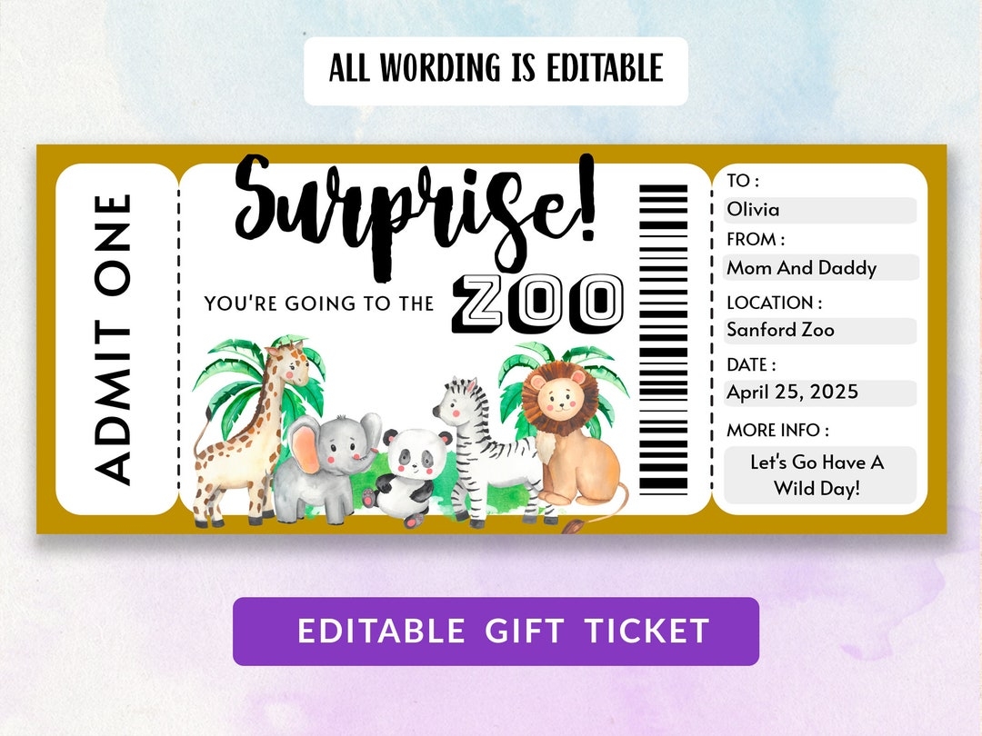 Surprise Zoo Ticket Printable Zoo Ticket Zoo Coupon Gift Ticket Zoo Voucher Editable Zoo Ticket Gift For Kids DIY Template Etsy