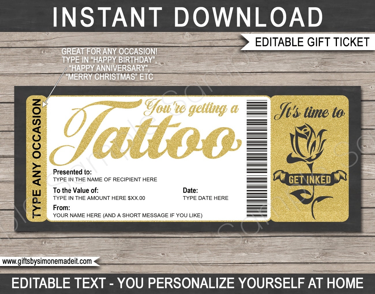 Tattoo Voucher Certificate Ticket Gift Card Printable Template Rose Flower Design For Her Get Inked INSTANT DOWNLOAD EDITABLE Text Etsy