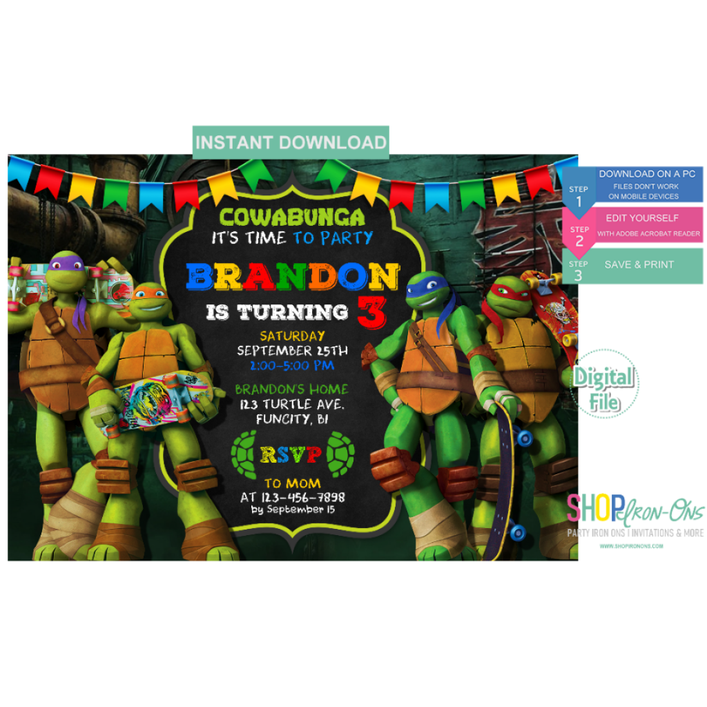 Teenage Mutant Ninja Turtle Invitations TMNT Digital Template Editable PDF Free Thank You Card