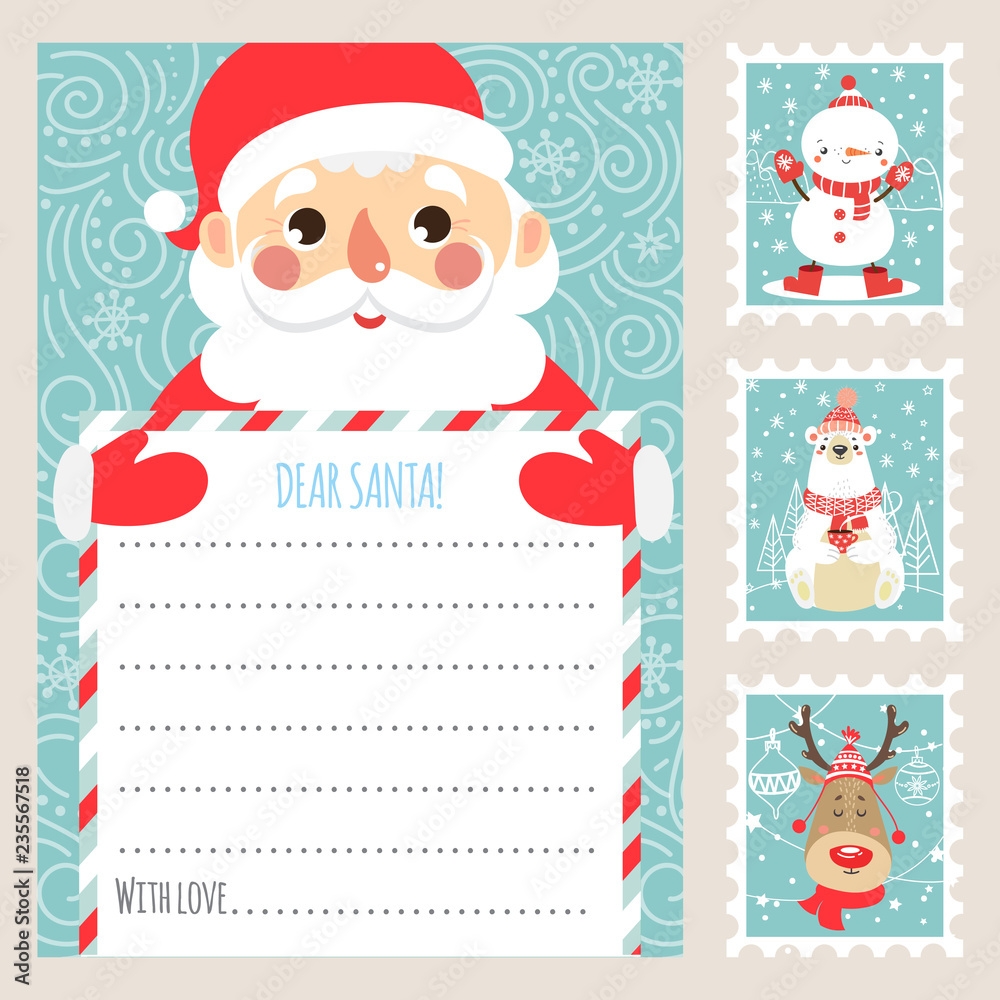 Template Christmas Letter For Santa Claus Printable Card Postage Stamps Vector Illustration Stock Vector Adobe Stock