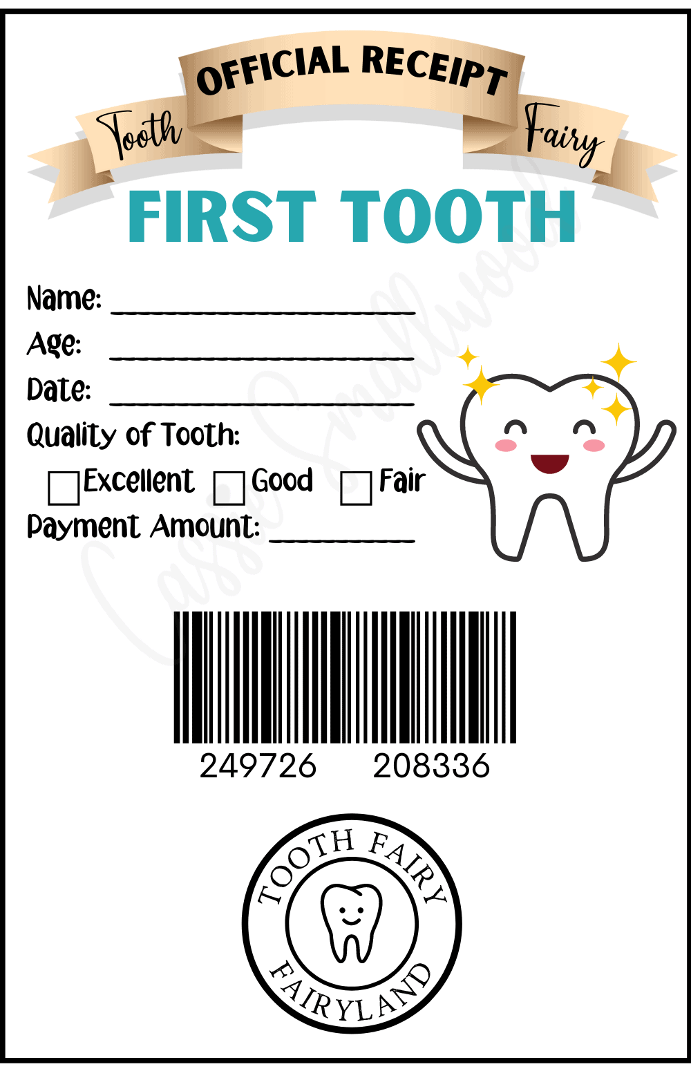 Tooth Fairy Receipt Template For First Tooth Lost Cassie Smallwood
