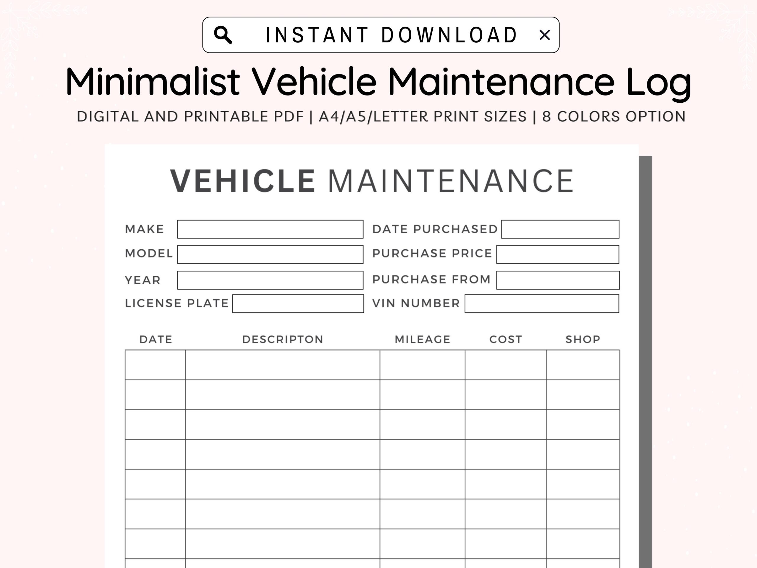 Vehicle Maintenance Log Printable Vehicle Service Tracker 
