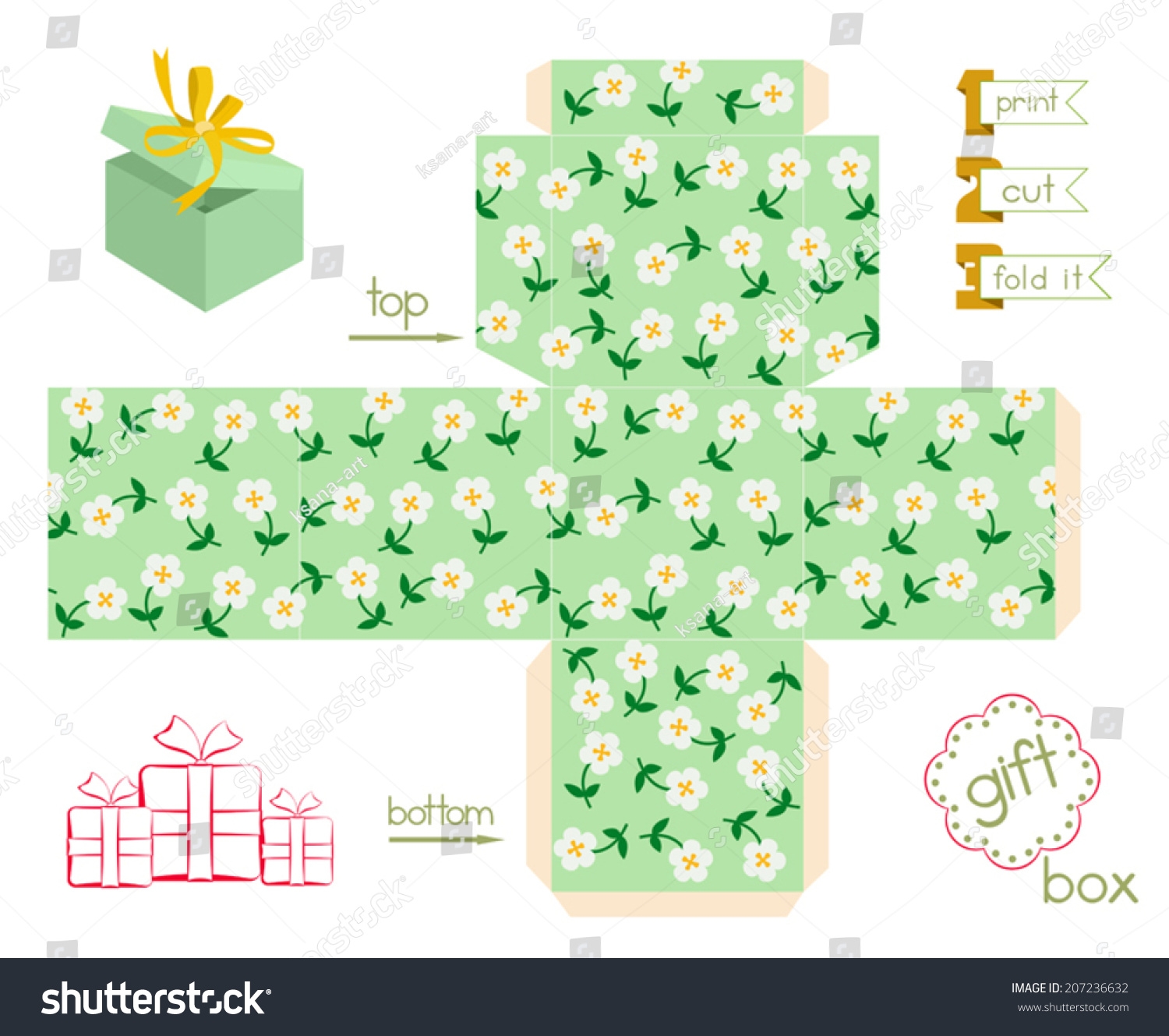 Vektor Stok Printable Gift Box Cute Flowers Template Tanpa Royalti 207236632 Shutterstock