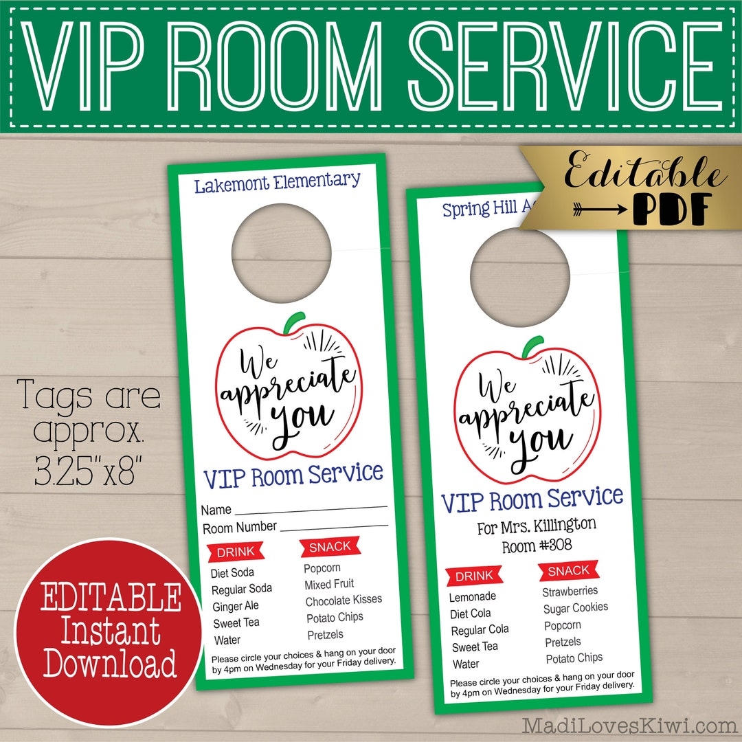 VIP Room Service Door Hanger For Teacher Appreciation Week 