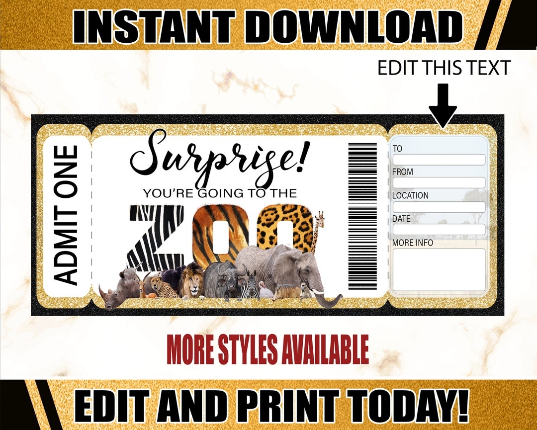 Zoo Printable Ticket Surprise Zoo Ticket Printable Zoo Gift Ticket Editable Zoo Ticket Printable Tickets Etsy