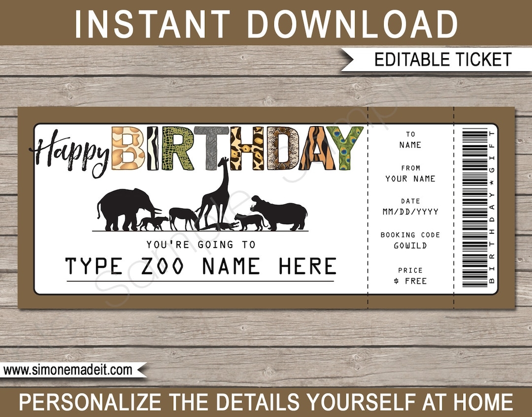 Zoo Ticket Printable Birthday Gift Voucher Surprise Trip To The Zoo DIY Coupon Template EDITABLE Text DOWNLOAD You Personalize Etsy