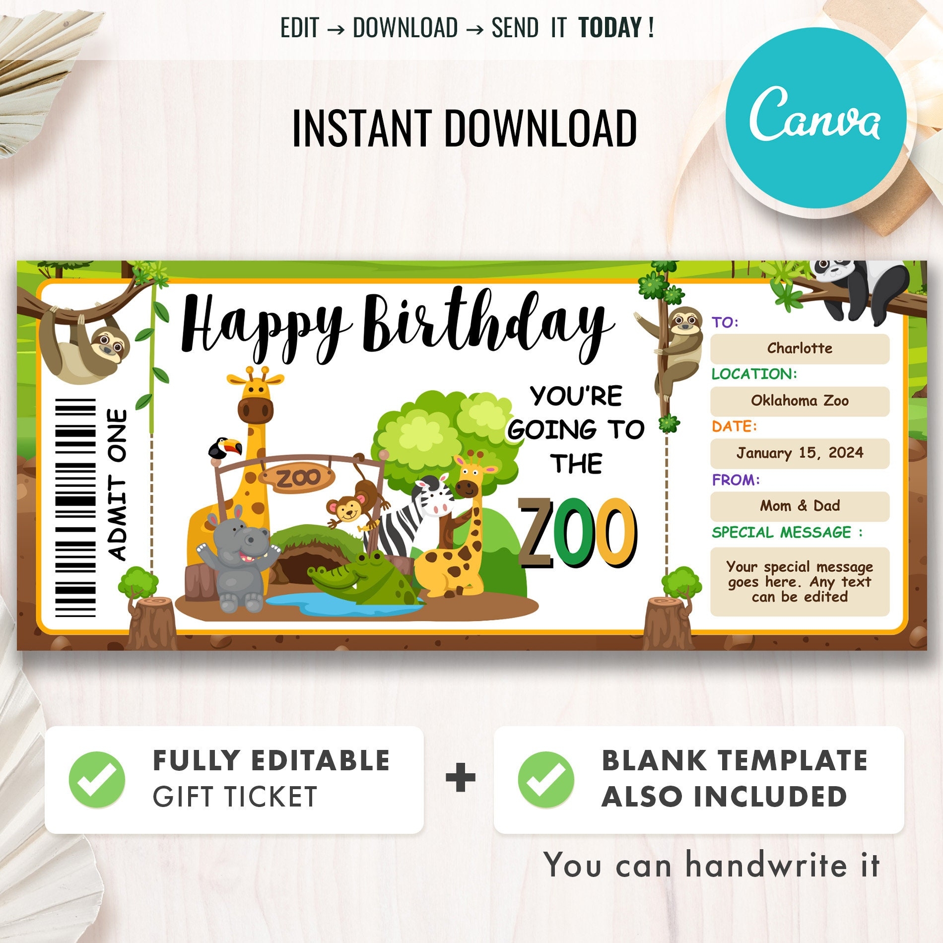 Zoo Ticket Template Surprise Zoo Ticket Birthday Gift Coupon Printable Safari Ticket Editable Gift Voucher Template Instant Download Etsy