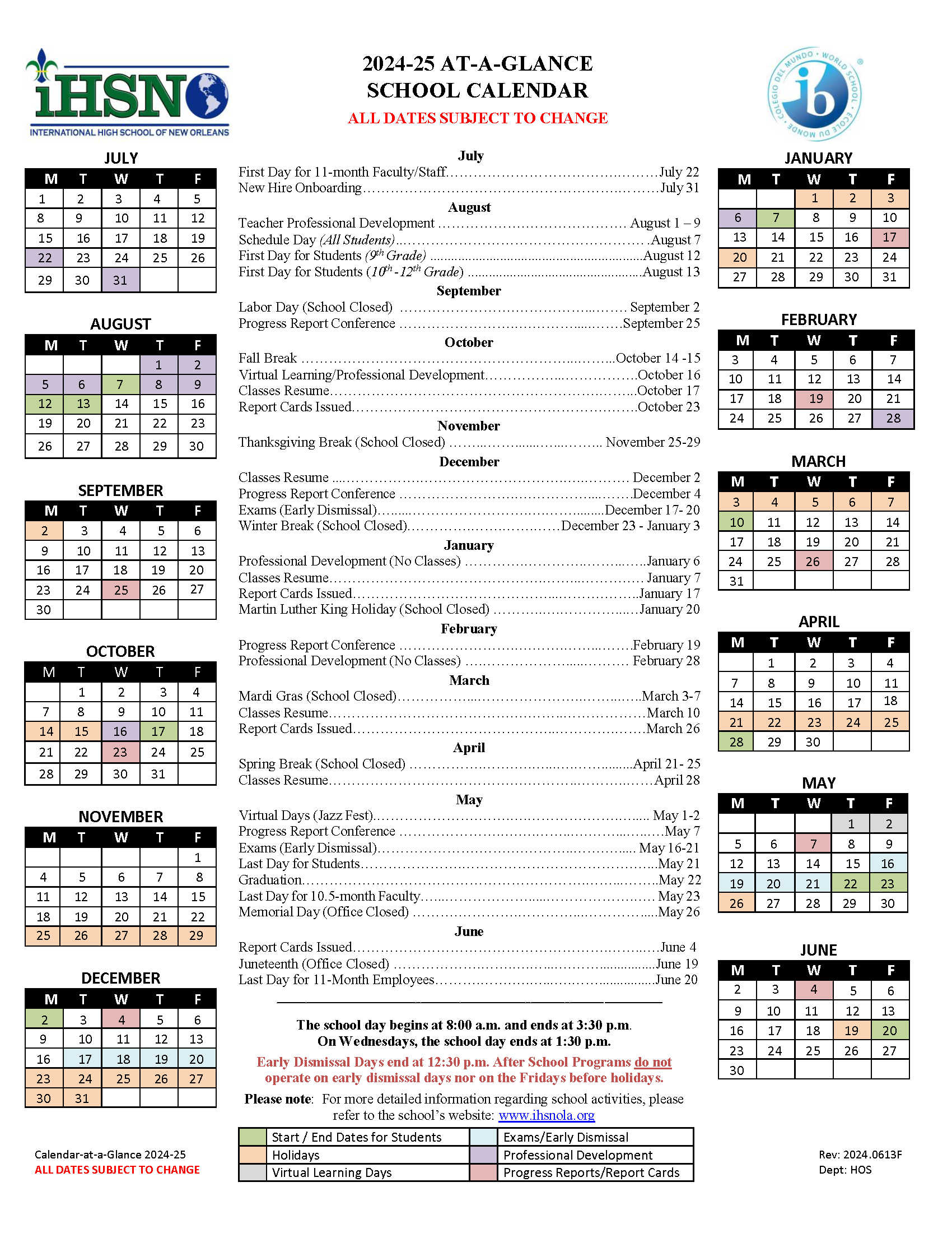 2024 25 At A Glance School Calendar International High School Of New Orleans