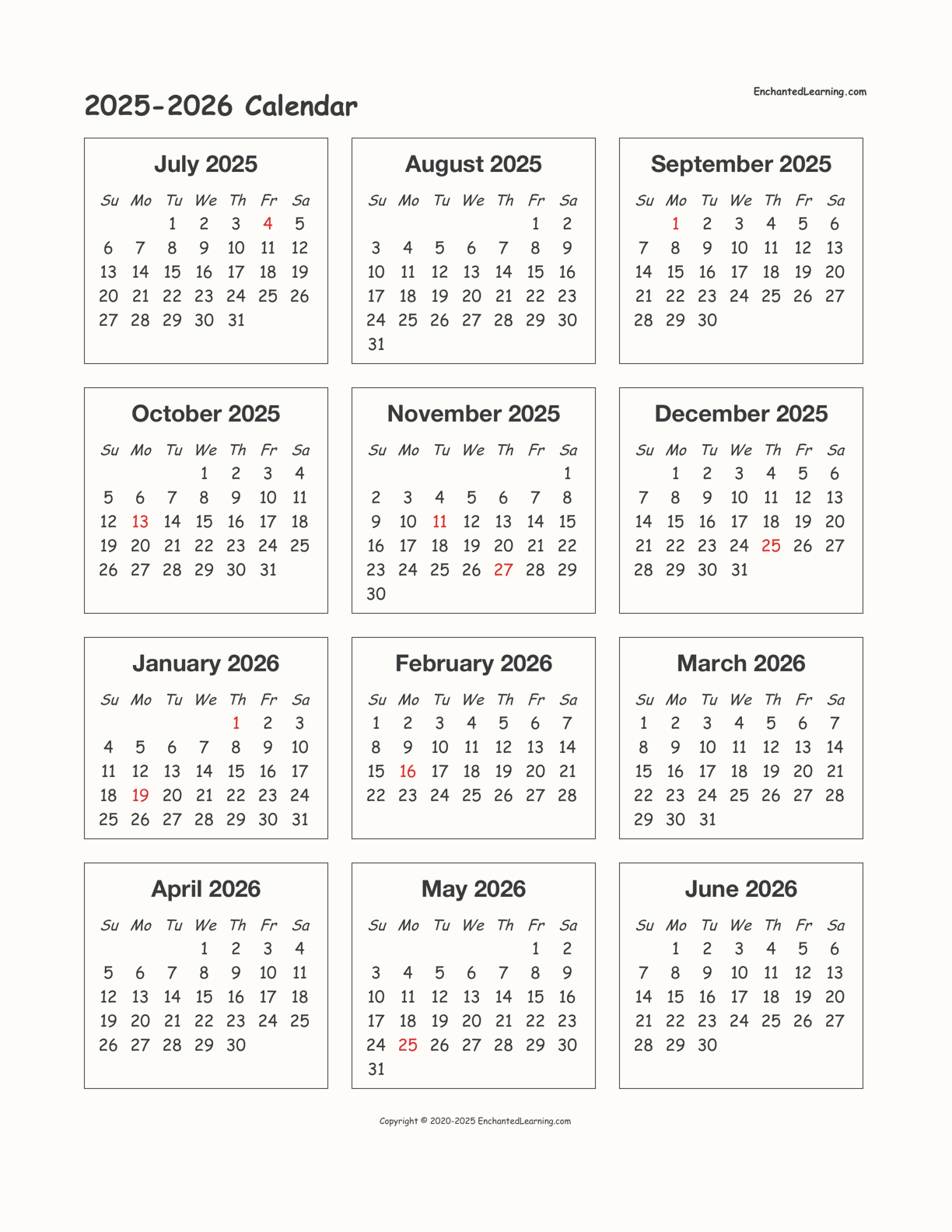 Free Printable Calendar July 2025-June 2026