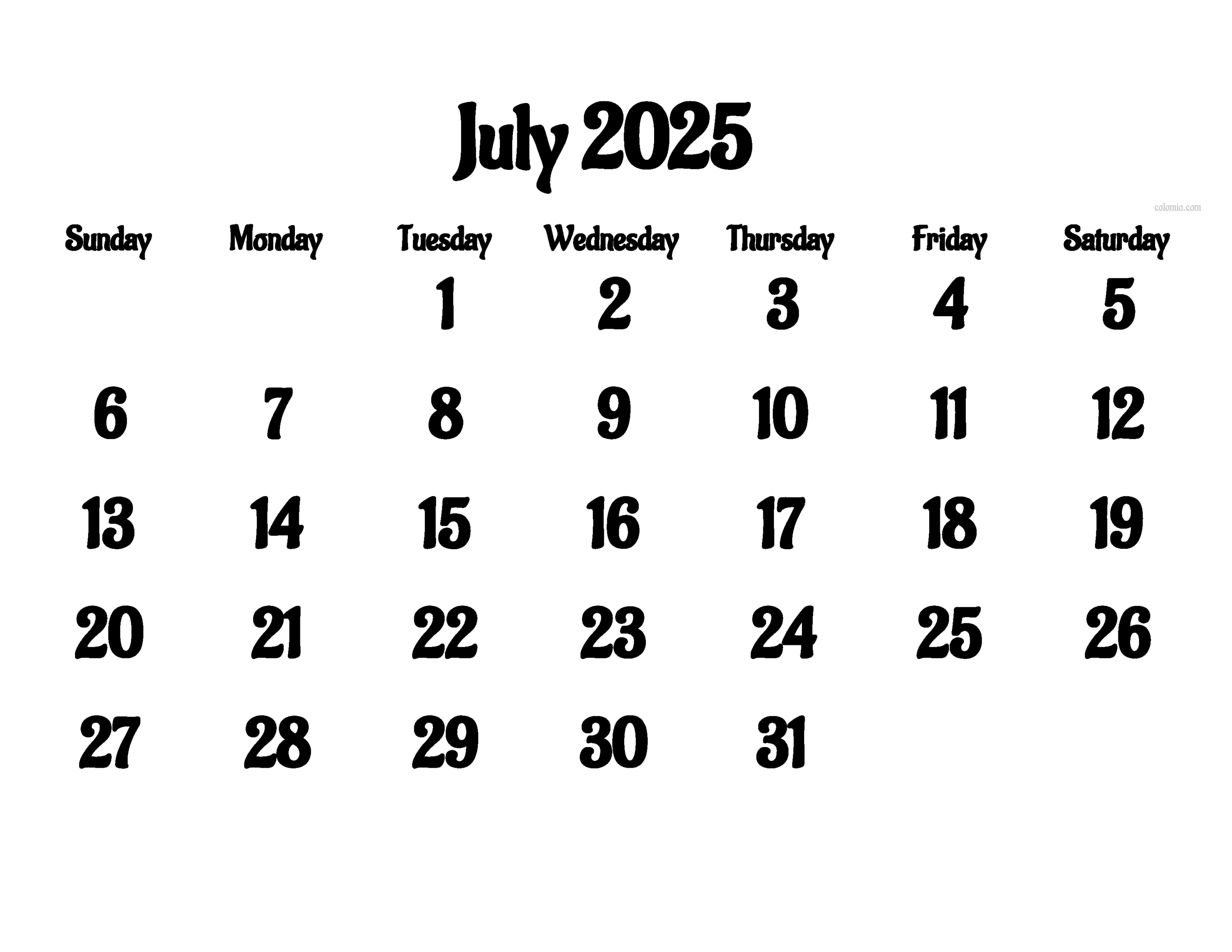 2025 Calendar July 2025 Calendar July