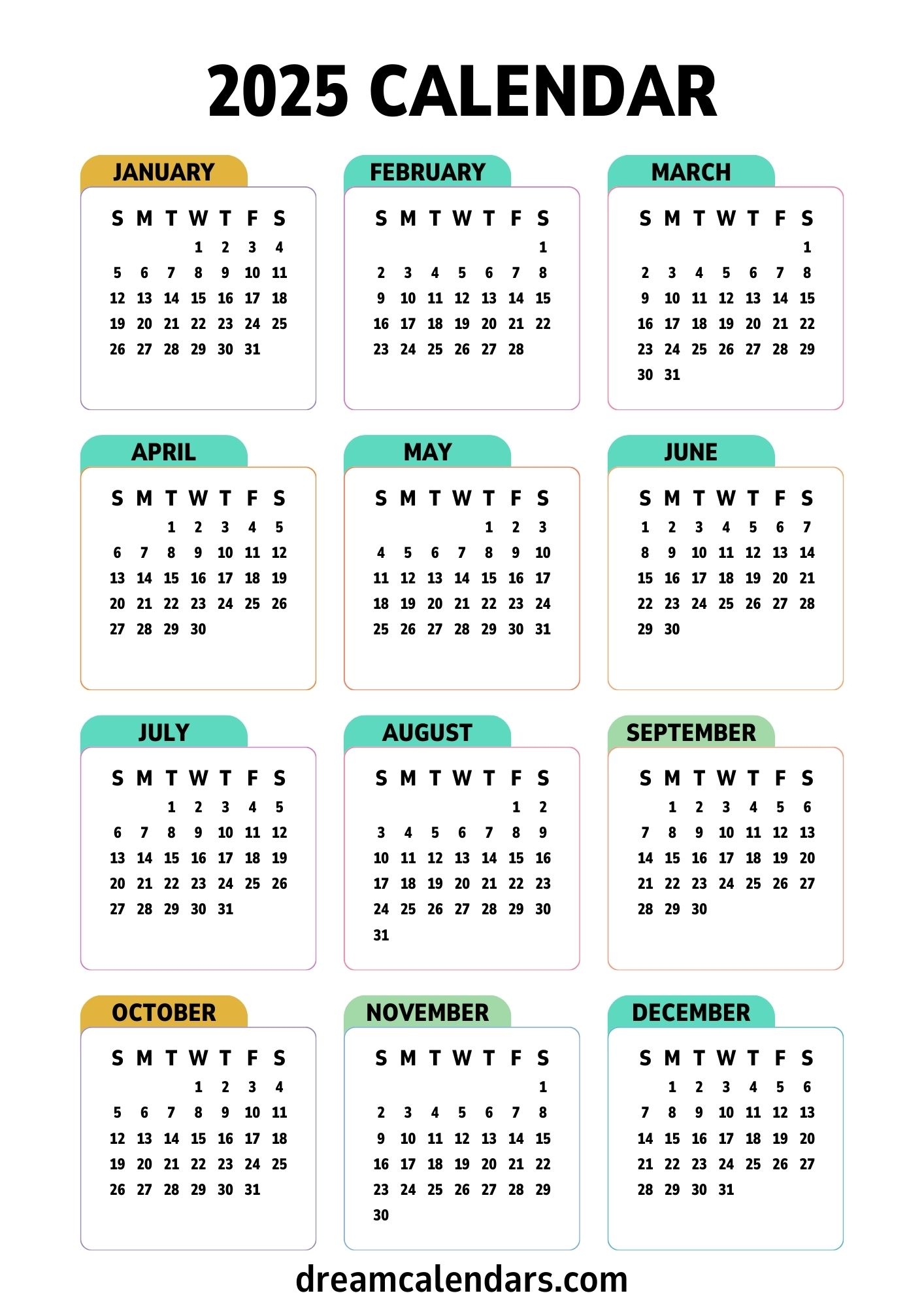 2025 Calendars Printable Yearly And Monthly Dream Calendars