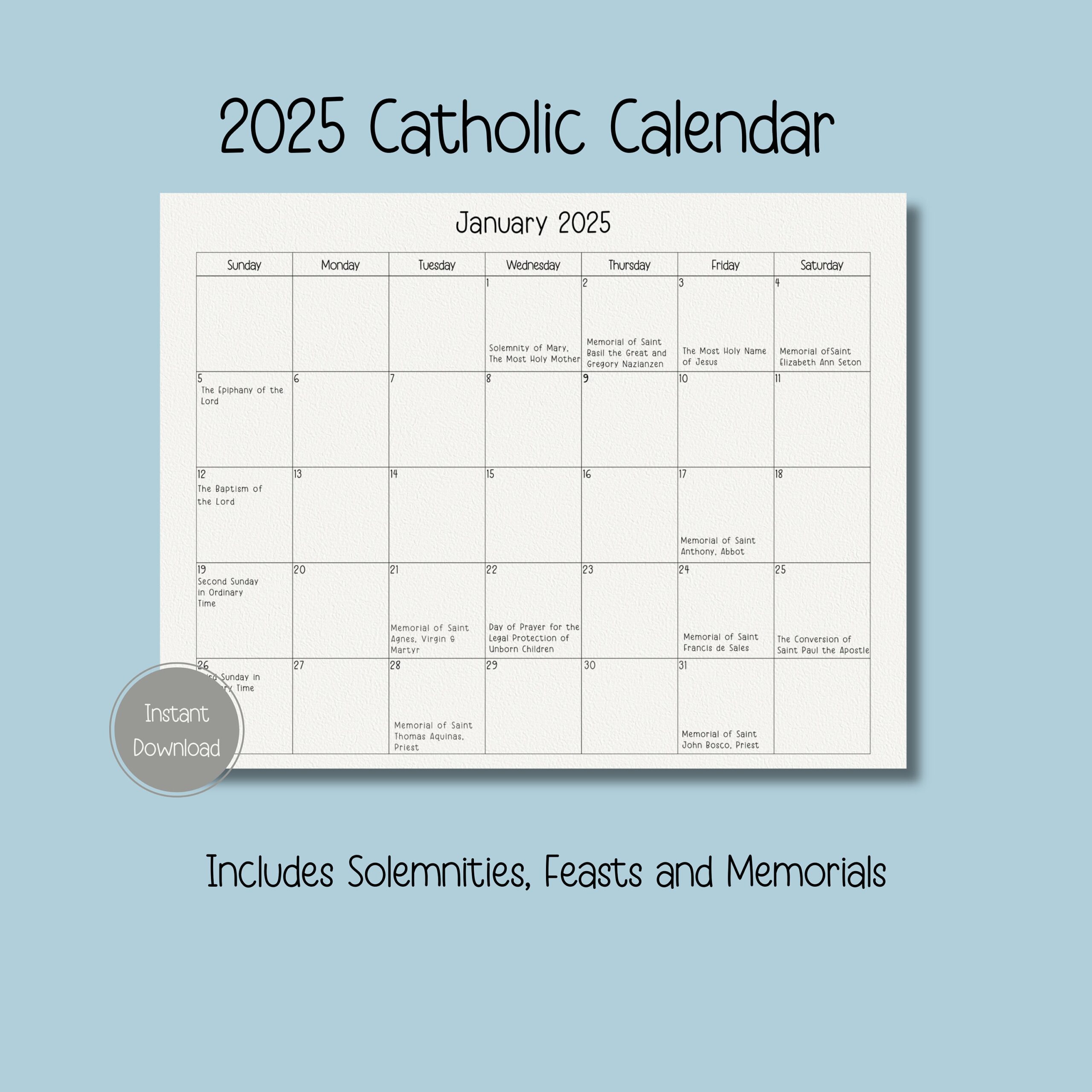 2025 Catholic Calendar Printable Catholic Calendar Feasts 