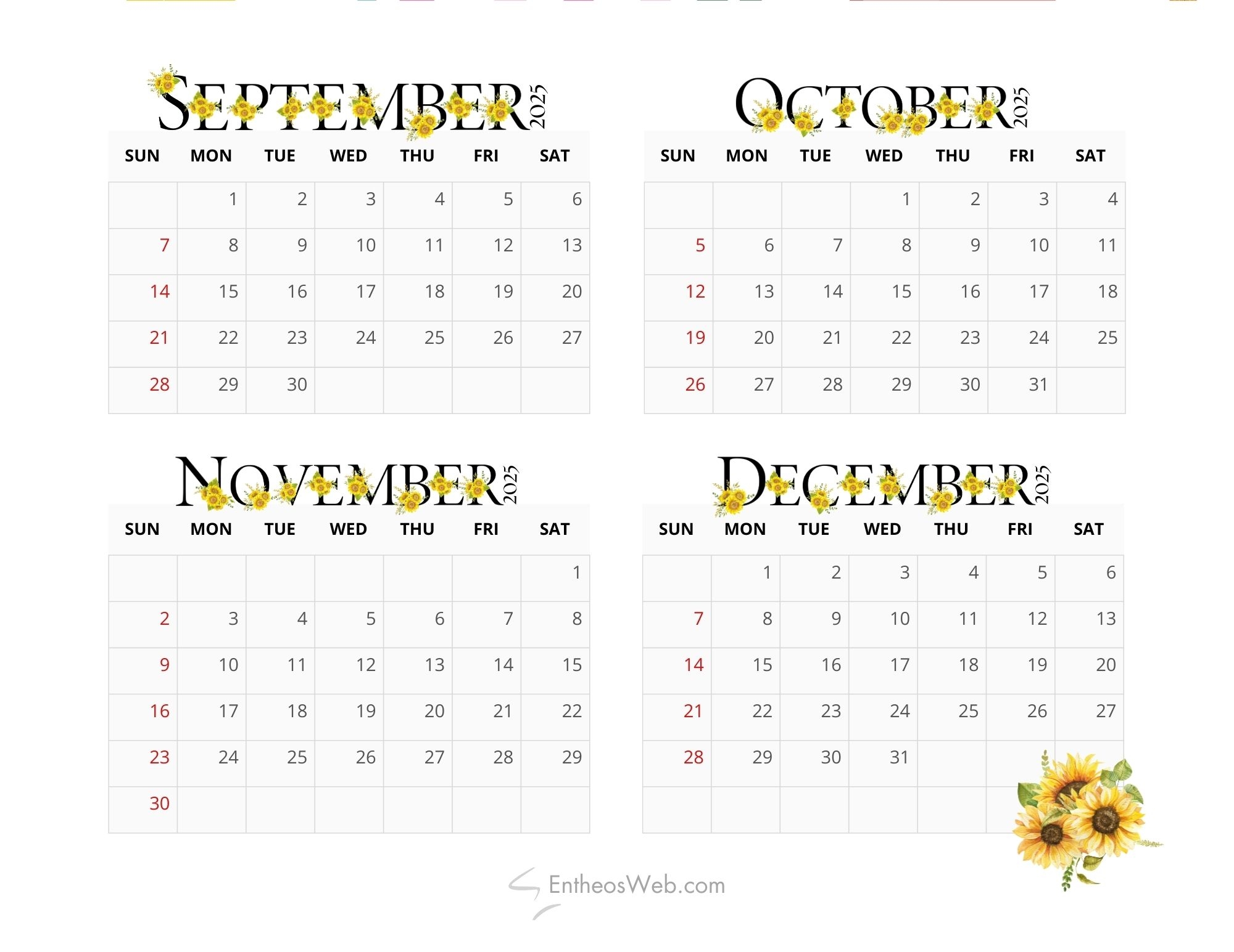 4 Month Calendar Printables September October November And December 2025 EntheosWeb