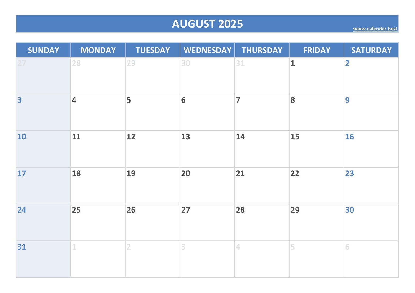 August 2025 Calendar Printable Free
