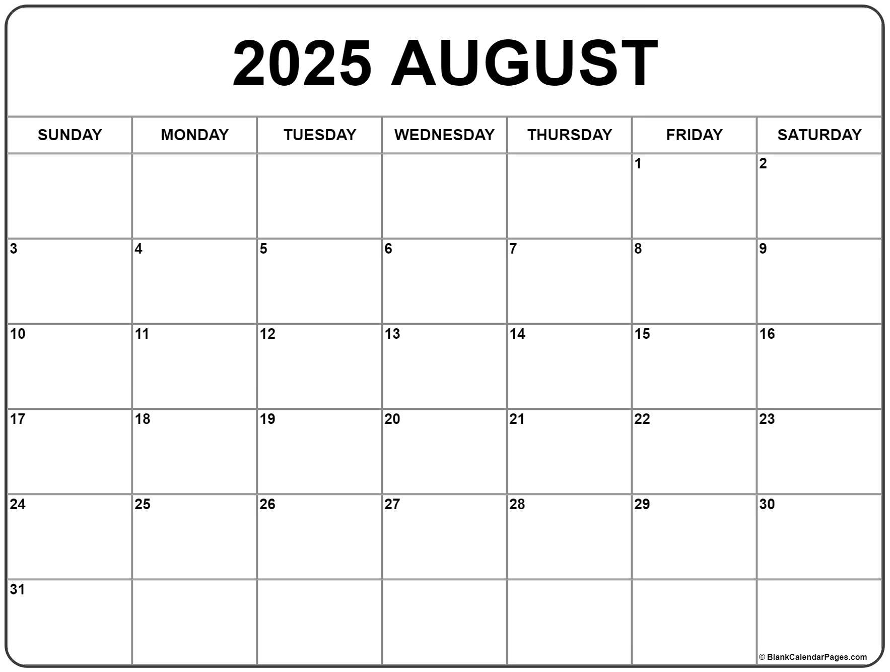 August Blank Calendar 2025