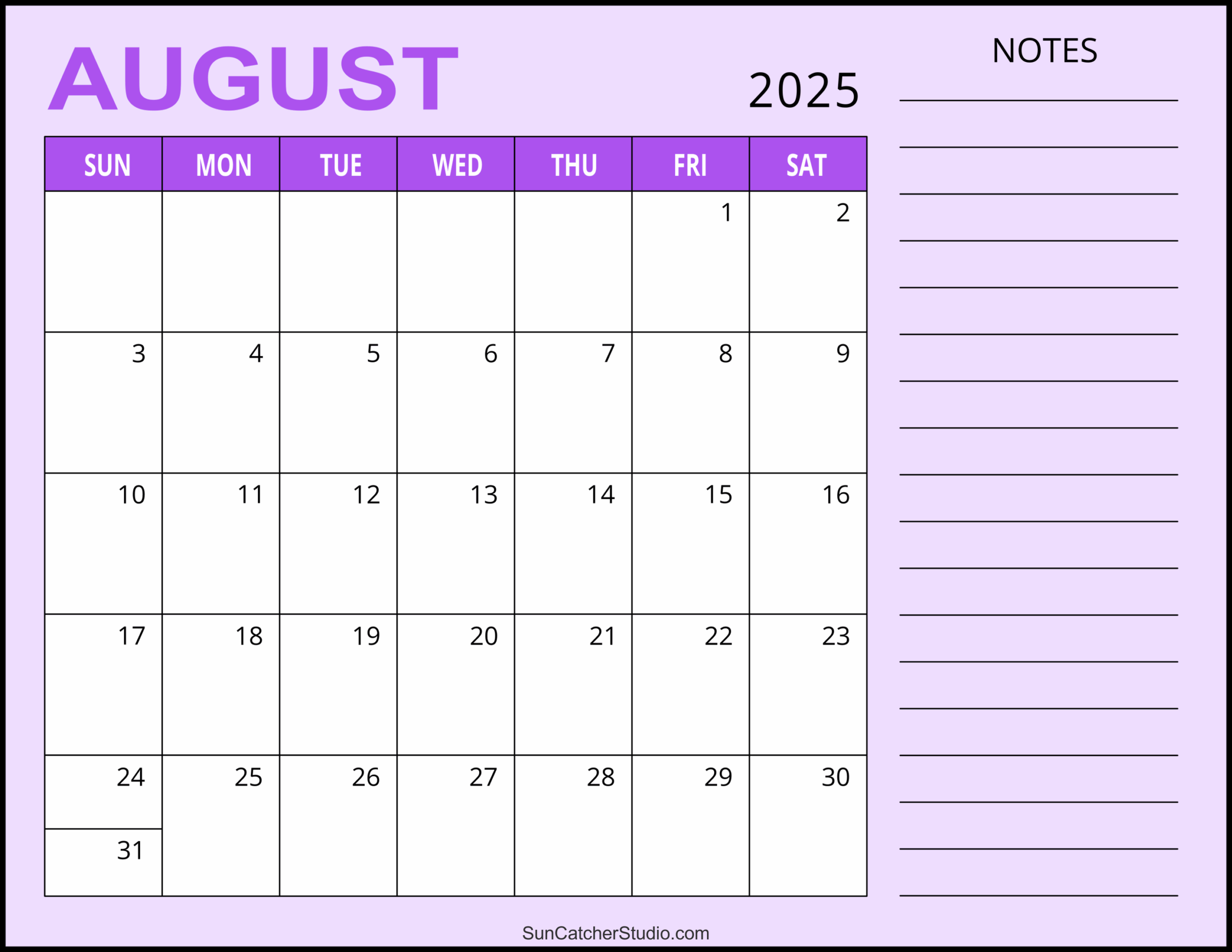 August 2025 Calendar Word