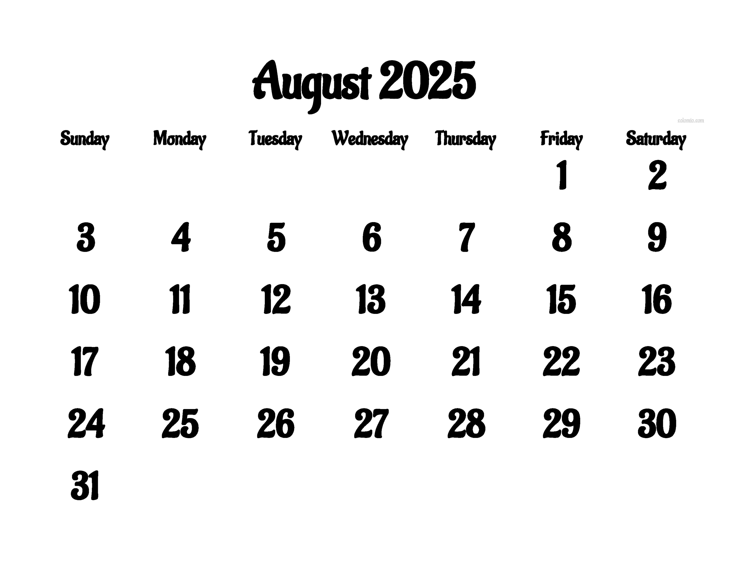 August Printable Calendar 2025 Free