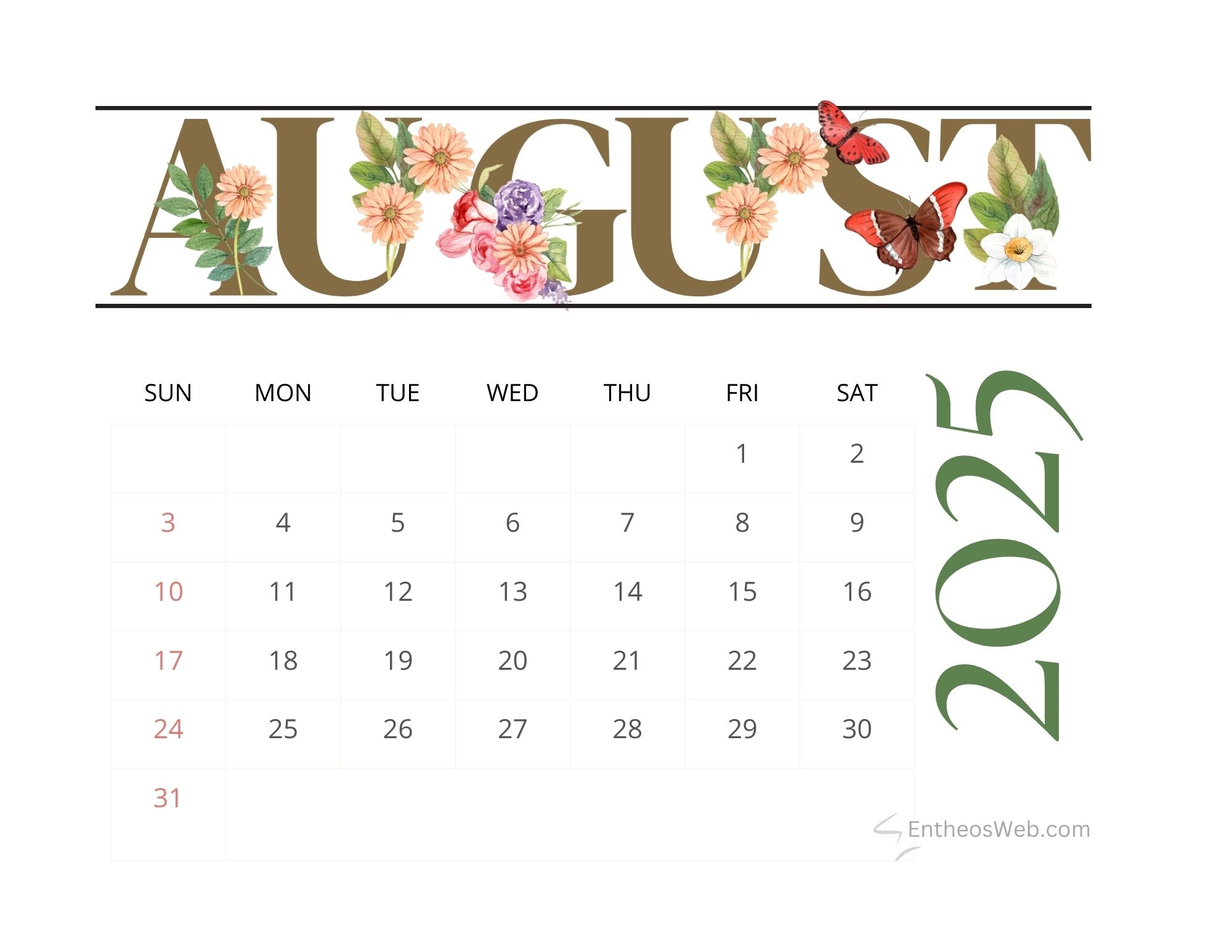 Free August Calendar 2025