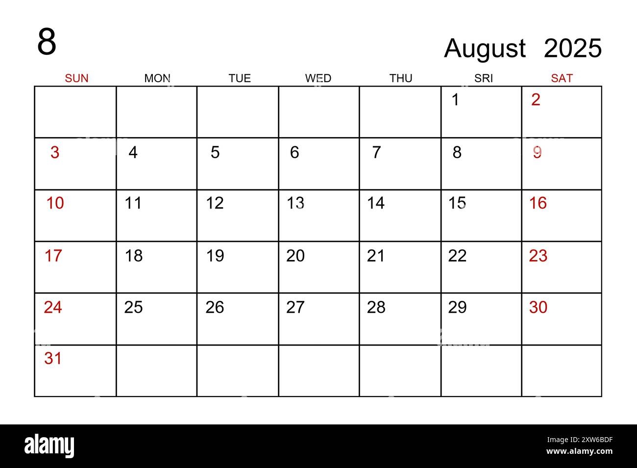 August 2025 Calendar Template On White Paper Background Stock Photo Alamy