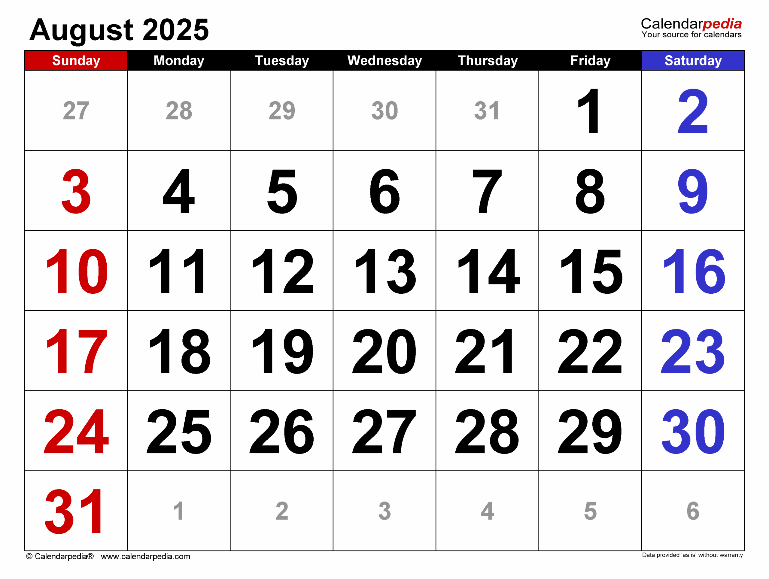 August 2025 Calendar Pdf