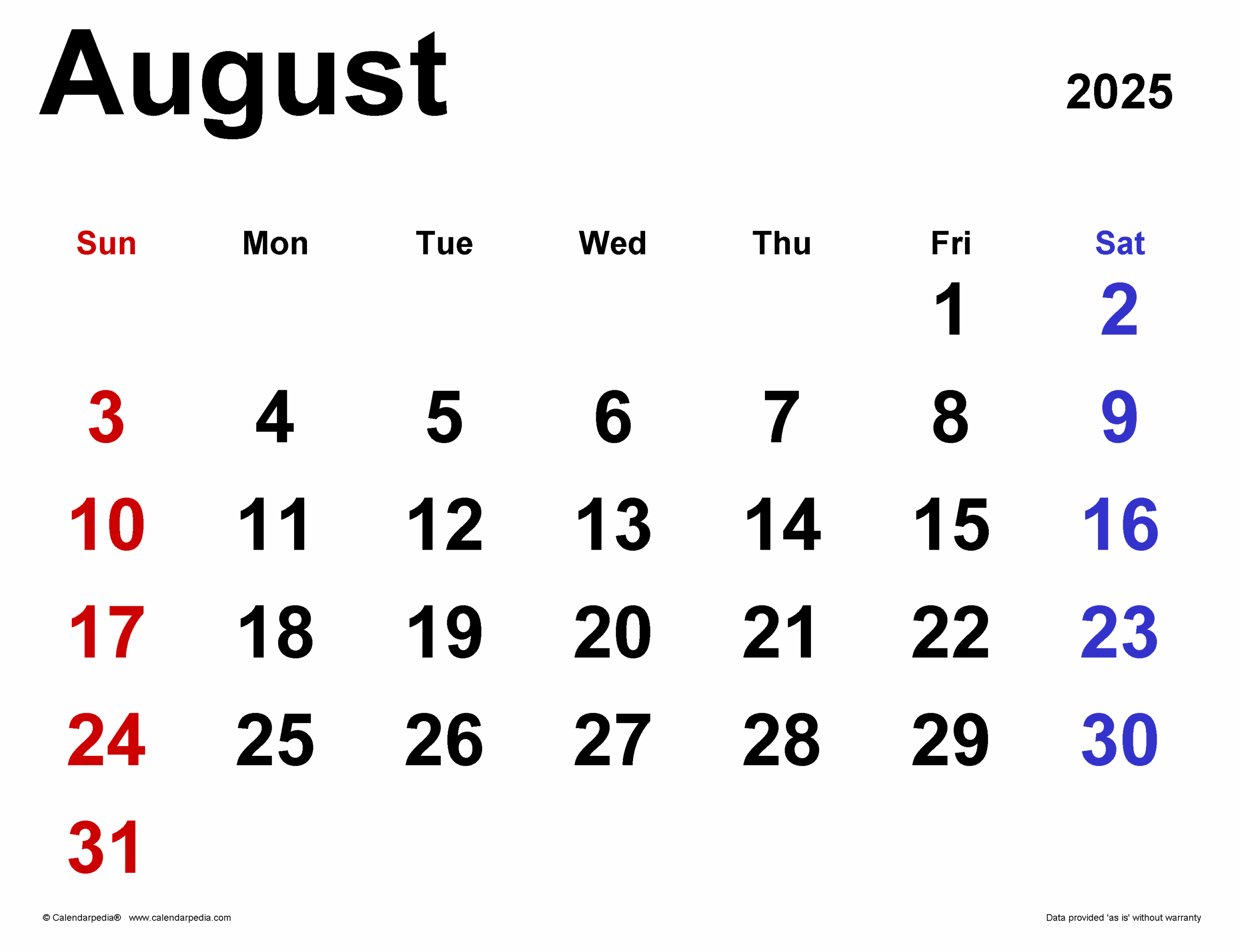 August 2025 Calendar Templates For PDF Excel And Word