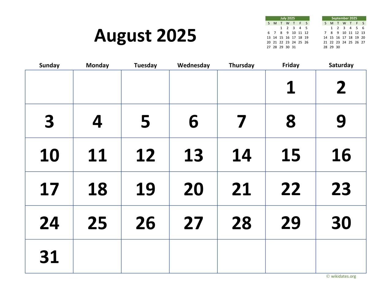 2025 Calendar August 2025 Calendar August