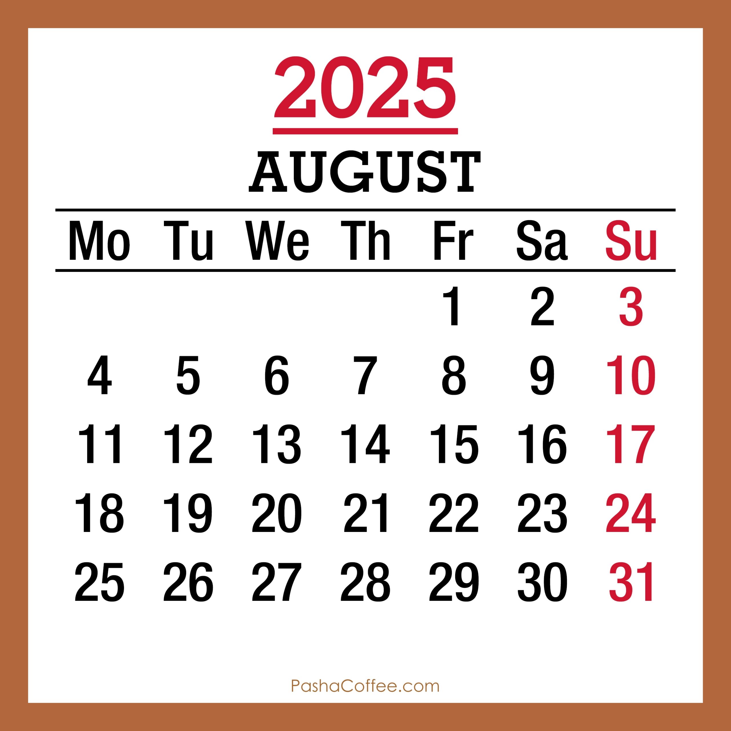 August Month Calendar 2025