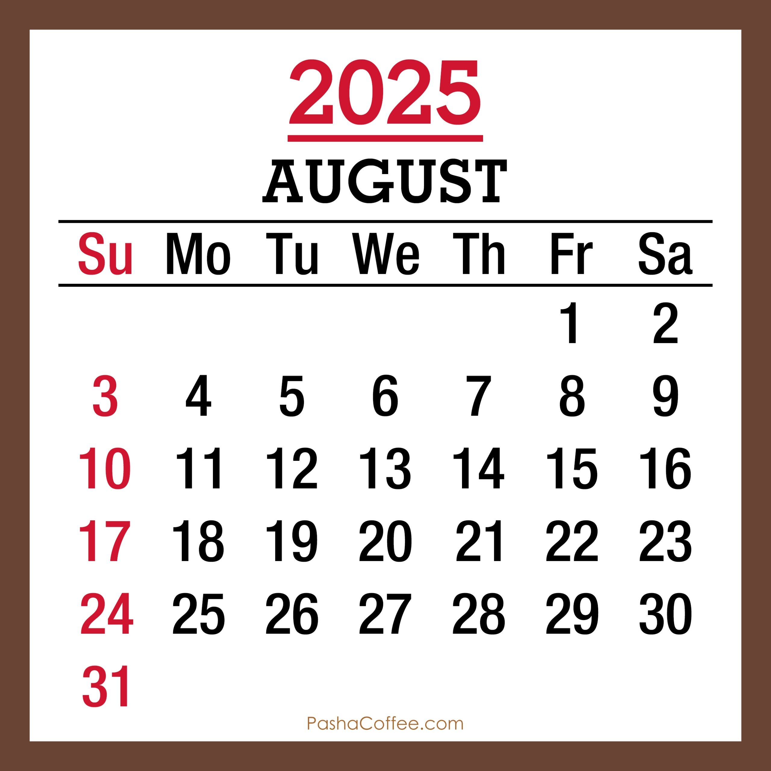 August Monthly Calendar 2025