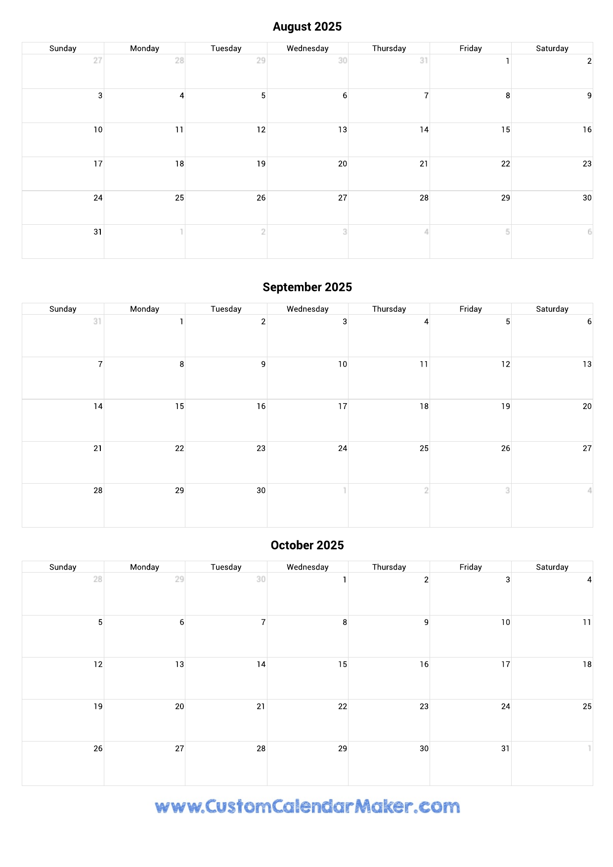 August To October 2025 Calendar Printable Custom Calendar Maker