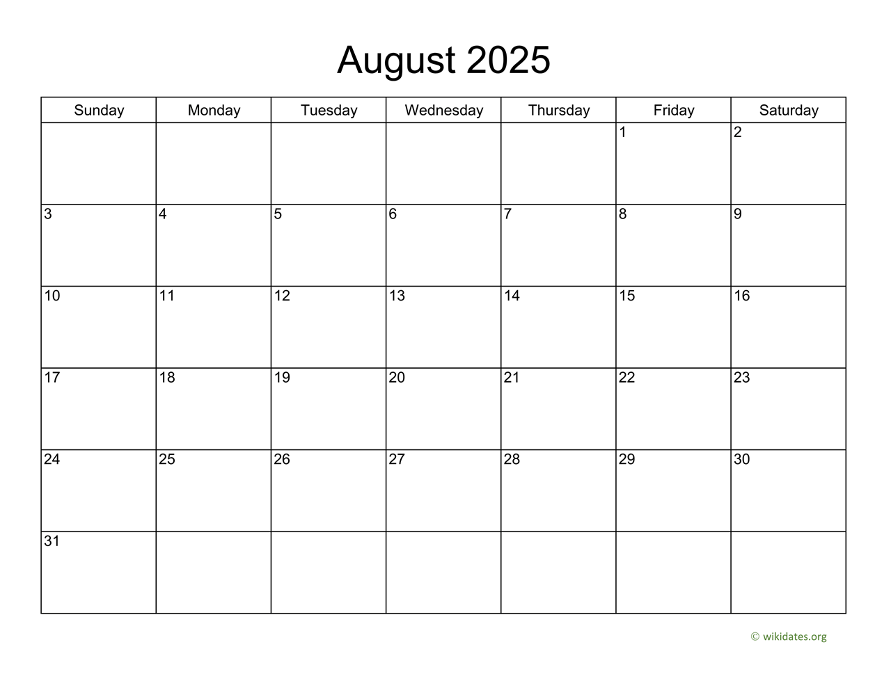 Basic Calendar For August 2025 WikiDates