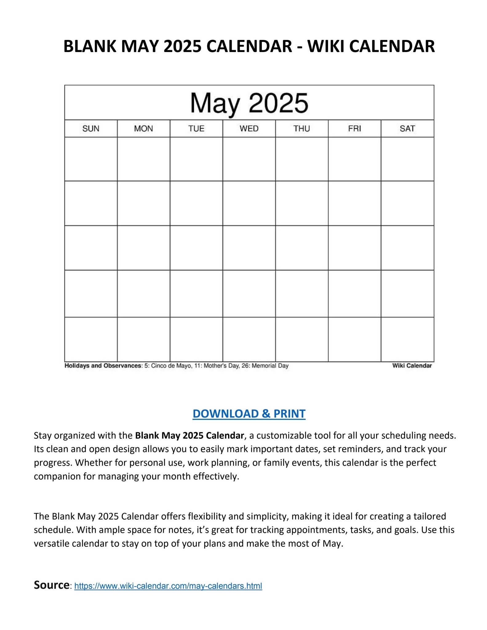 Blank May 2025 Calendar Wiki Calendar