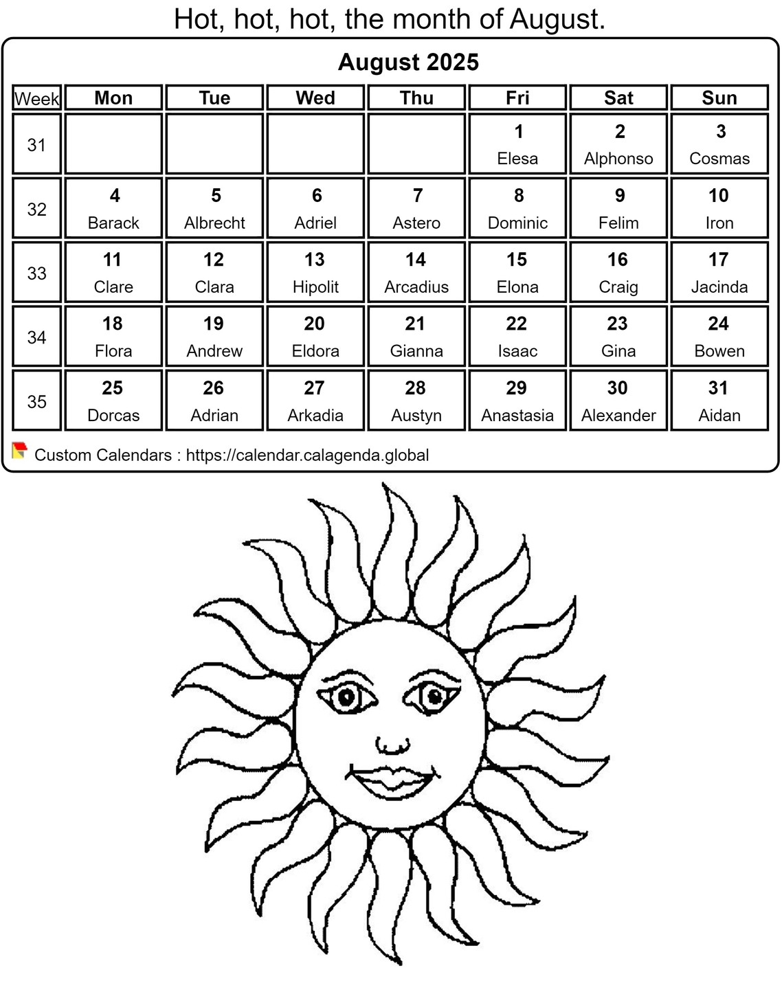 Calendar Coloring August 2025